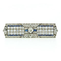 Antique Art Deco Platinum Old European Diamond Sapphire Long Filigree Brooch Pin