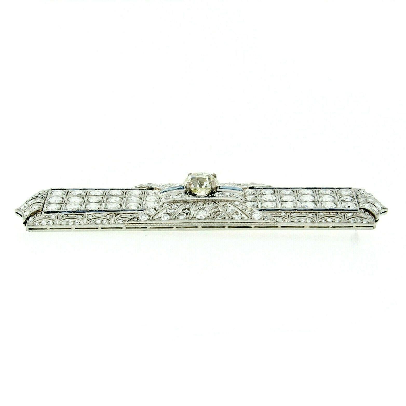 Antique Art Deco Platinum Old European Diamond Sapphire Long Filigree Brooch Pin In Good Condition For Sale In Montclair, NJ