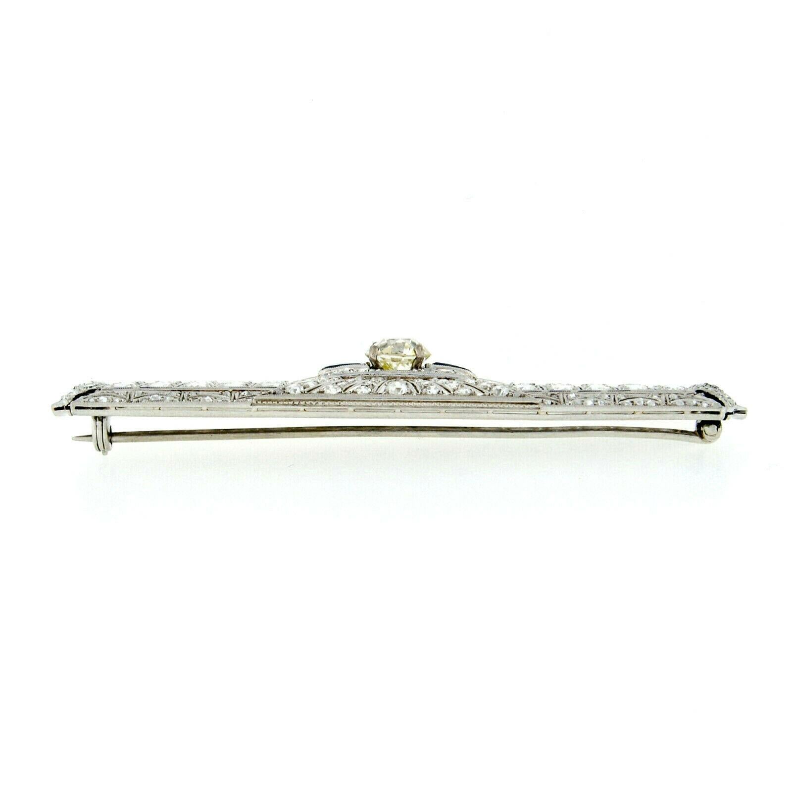 Women's or Men's Antique Art Deco Platinum Old European Diamond Sapphire Long Filigree Brooch Pin For Sale