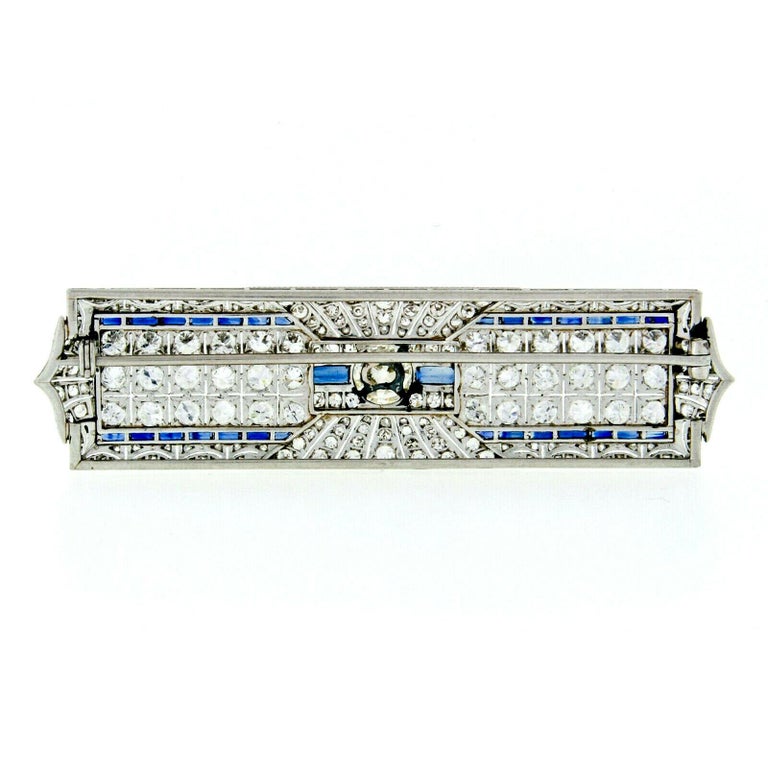 Antique Art Deco Platinum Old European Diamond Sapphire Long Filigree Brooch Pin For Sale 1