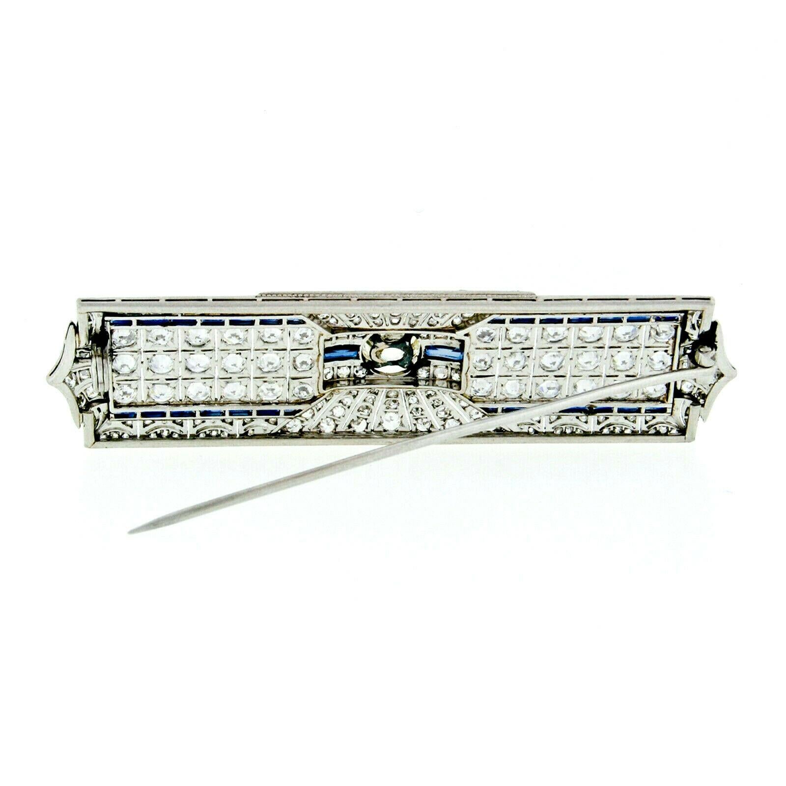 Antique Art Deco Platinum Old European Diamond Sapphire Long Filigree Brooch Pin For Sale 2