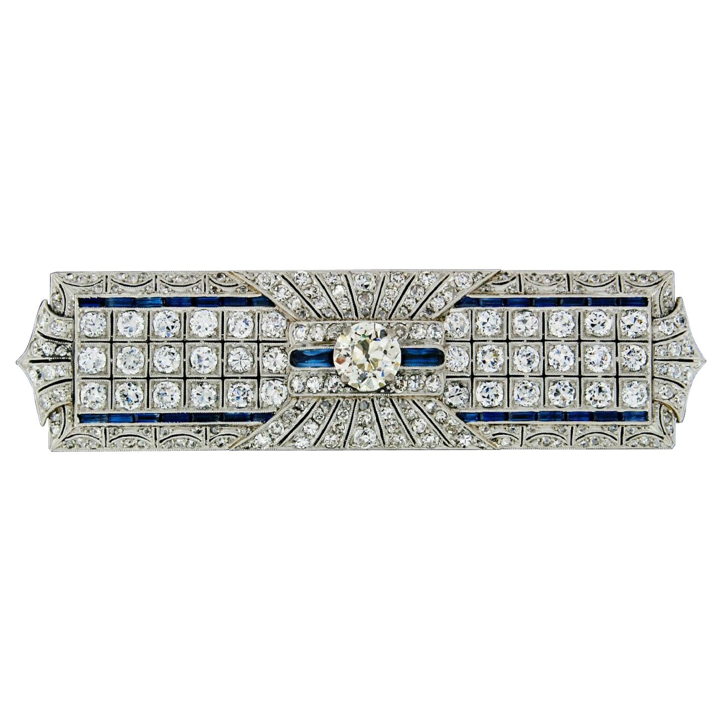 Antique Art Deco Platinum Old European Diamond Sapphire Long Filigree Brooch Pin