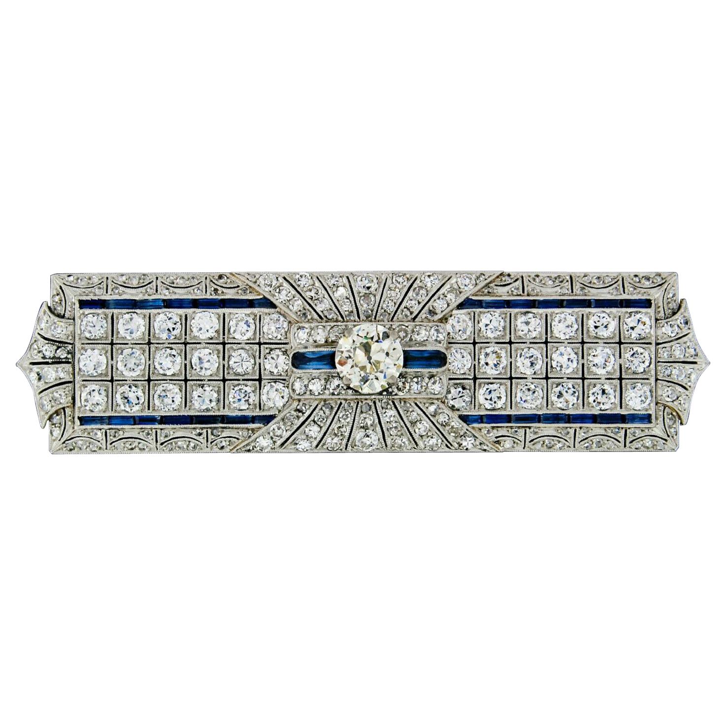 Antiguo Alfiler Art Decó Platino Antiguo Europeo Zafiro Diamante Filigrana Larga