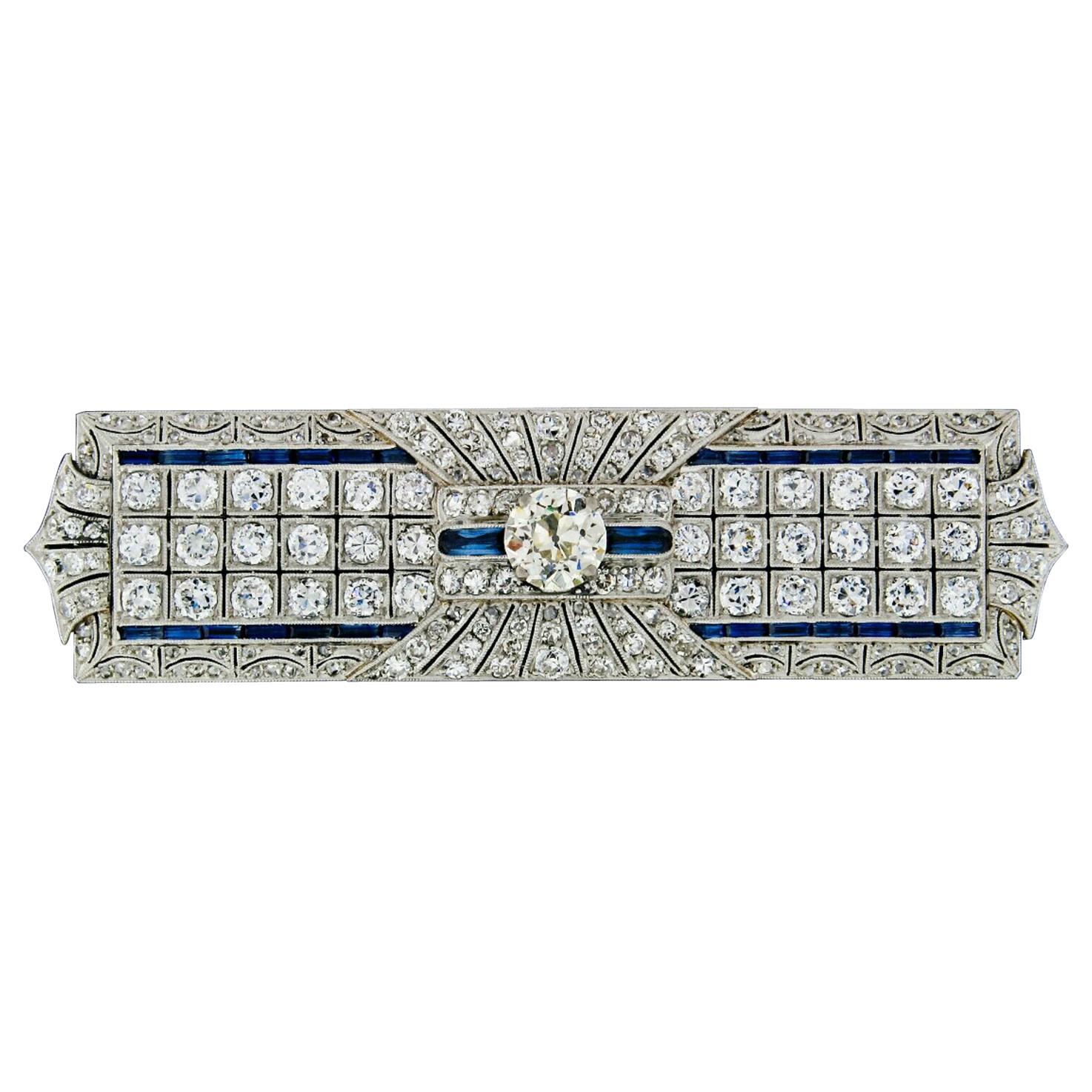 Antique Art Deco Platinum Old European Diamond Sapphire Long Filigree Brooch Pin For Sale