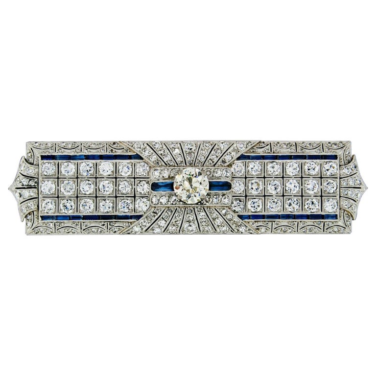 Antique Art Deco Platinum Old European Diamond Sapphire Long Filigree Brooch Pin For Sale