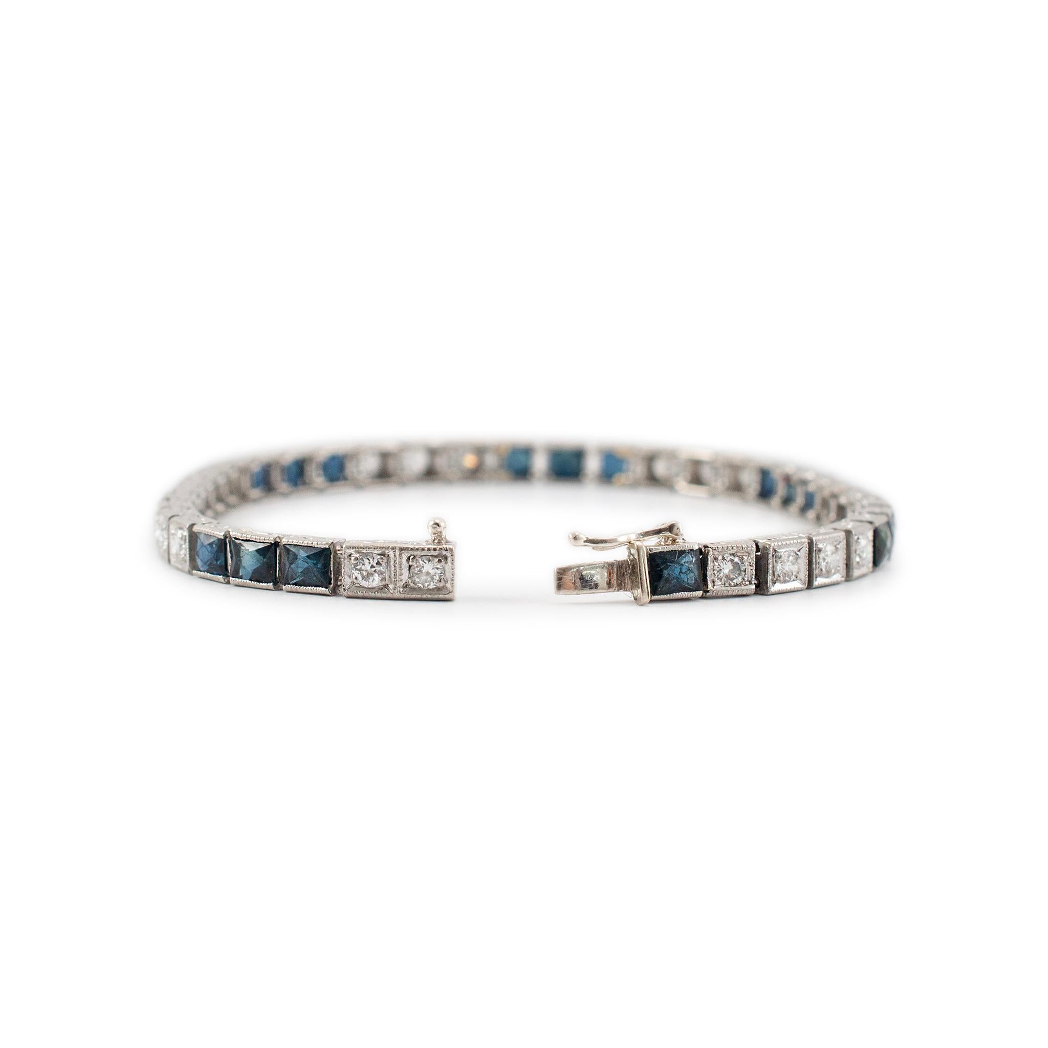 Antikes Art Deco Platin-Tennisarmband mit alteuropäischem Diamanten und Saphiren, Art déco (Alteuropäischer Schliff) im Angebot