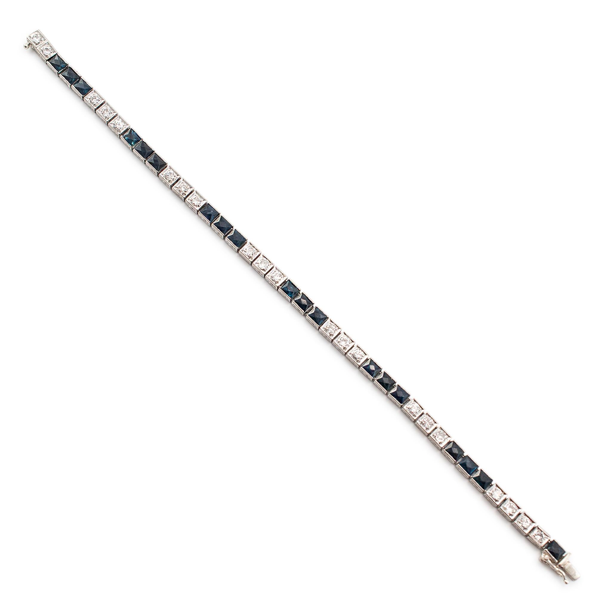 Antikes Art Deco Platin-Tennisarmband mit alteuropäischem Diamanten und Saphiren, Art déco im Zustand „Hervorragend“ im Angebot in Houston, TX