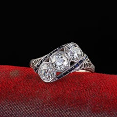 Antique Art Deco Platinum Old European Diamond Sapphire Three Stone Ring