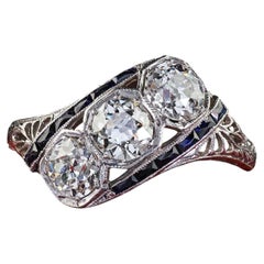 Antique Art Deco Platinum Old European Diamond Sapphire Three Stone Ring