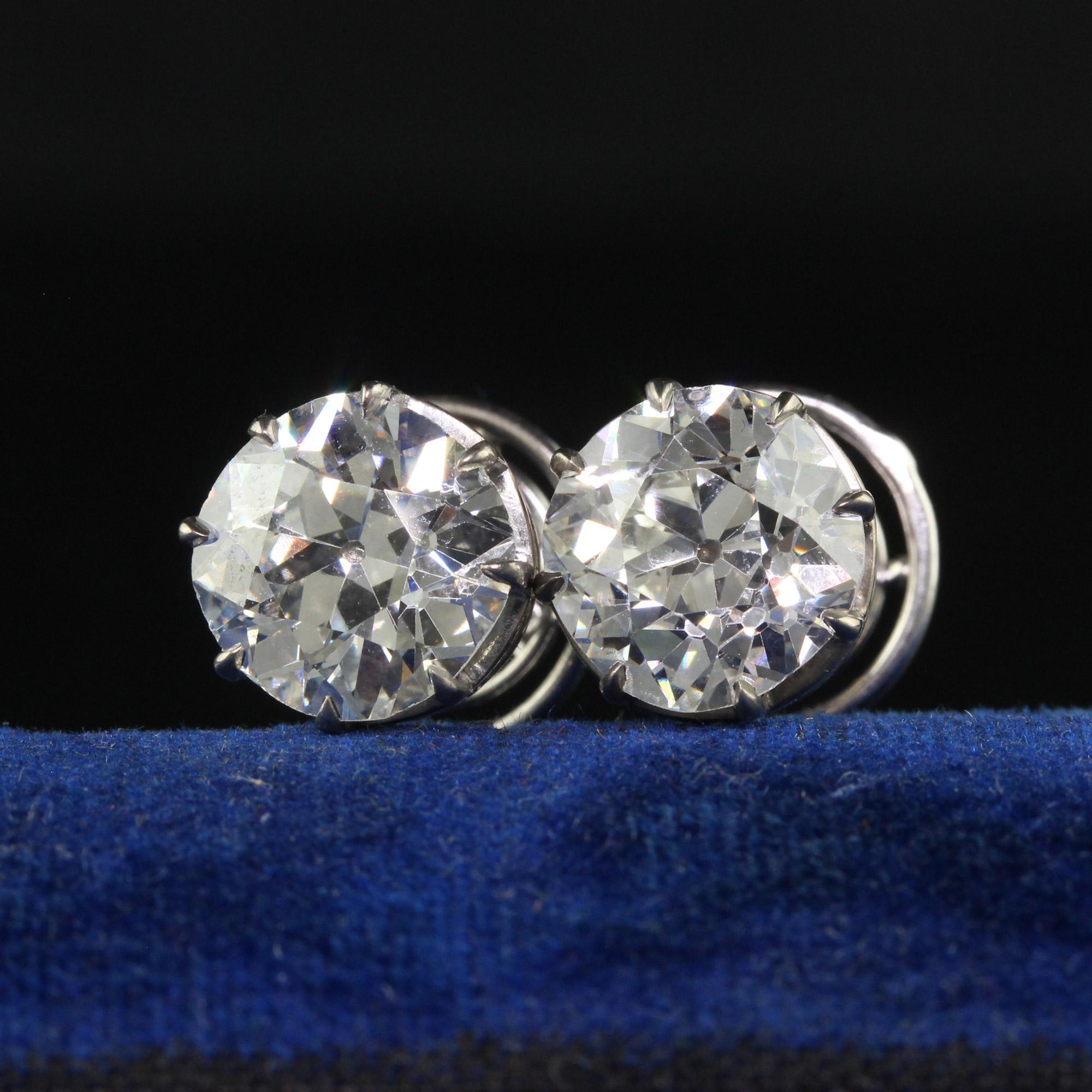 Antique Art Deco Platinum Old European Diamond Stud Earrings - GIA In Good Condition For Sale In Great Neck, NY