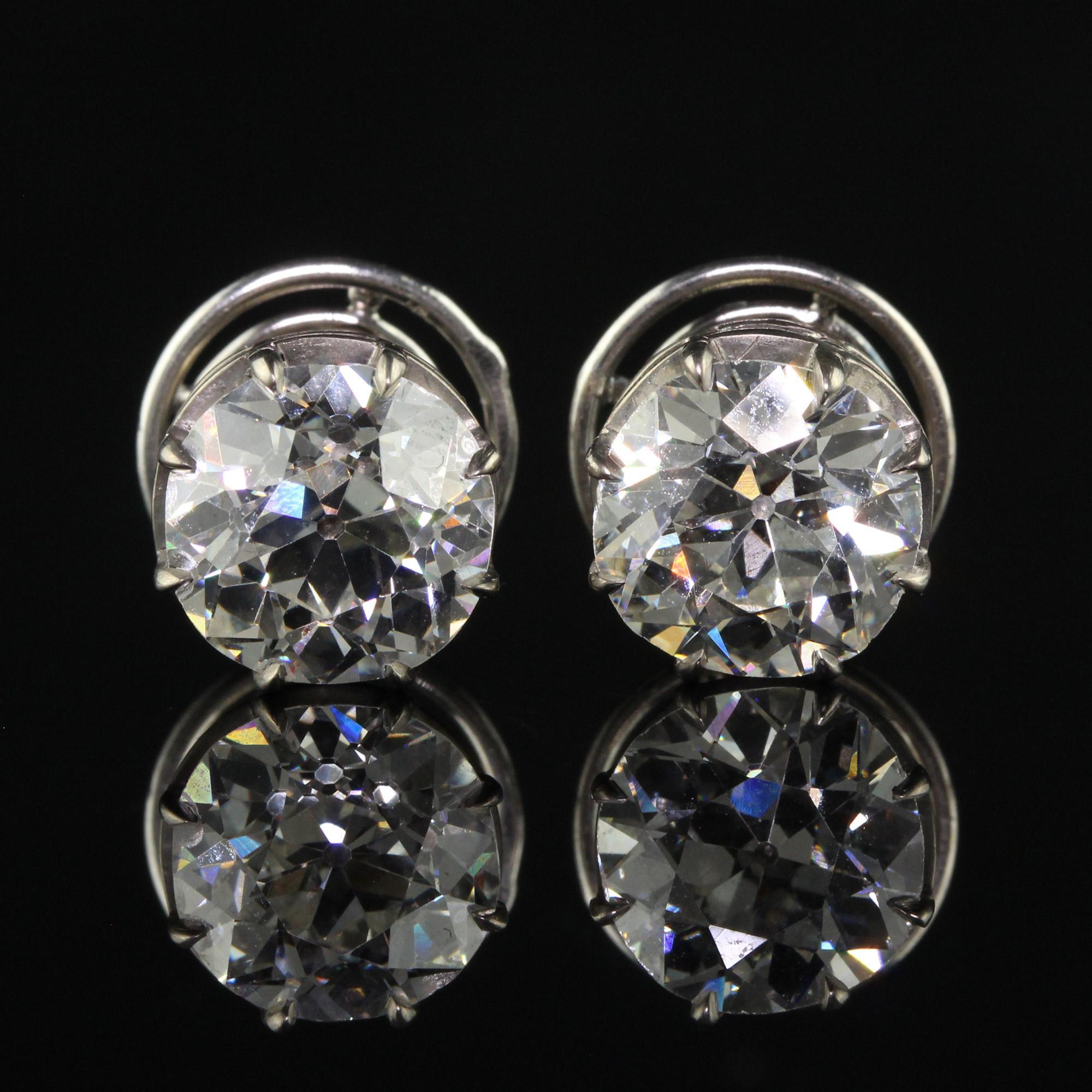 Antique Art Deco Platinum Old European Diamond Stud Earrings - GIA For Sale 4