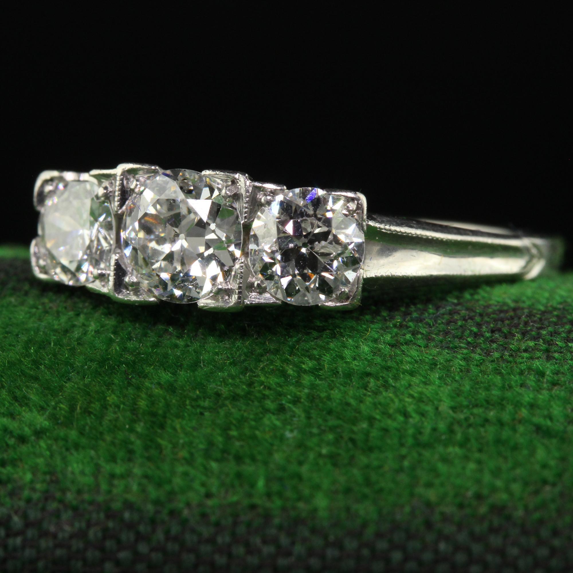 Antique Art Deco Platinum Old European Diamond Three Stone Ring In Good Condition For Sale In Great Neck, NY
