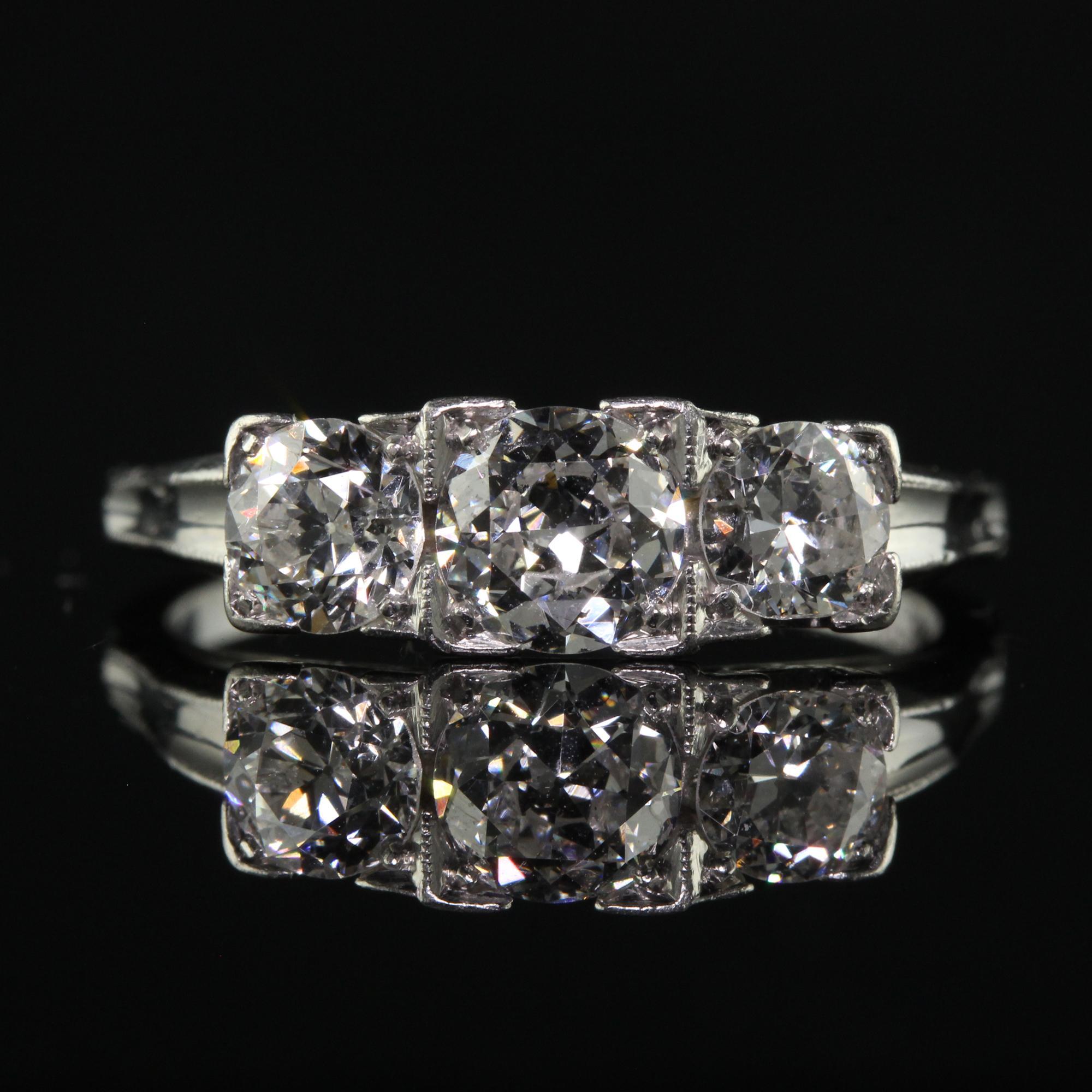 Women's Antique Art Deco Platinum Old European Diamond Three Stone Ring For Sale