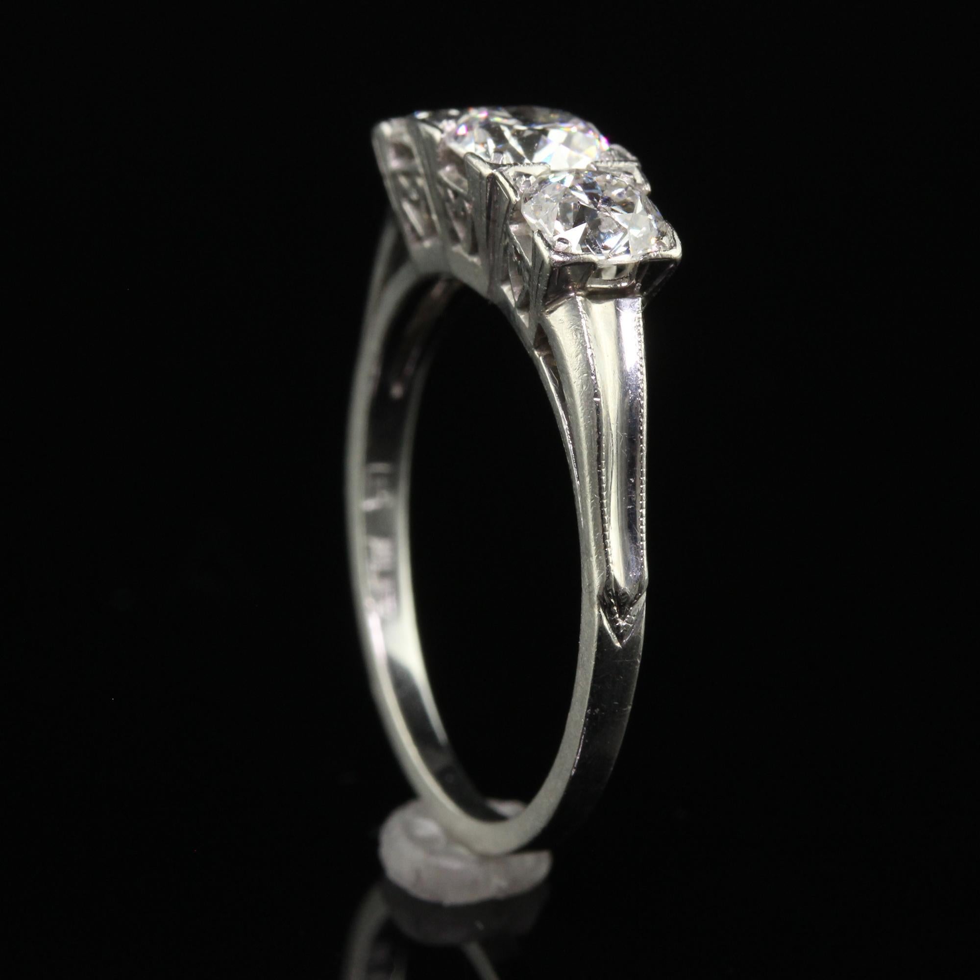 Antique Art Deco Platinum Old European Diamond Three Stone Ring For Sale 2
