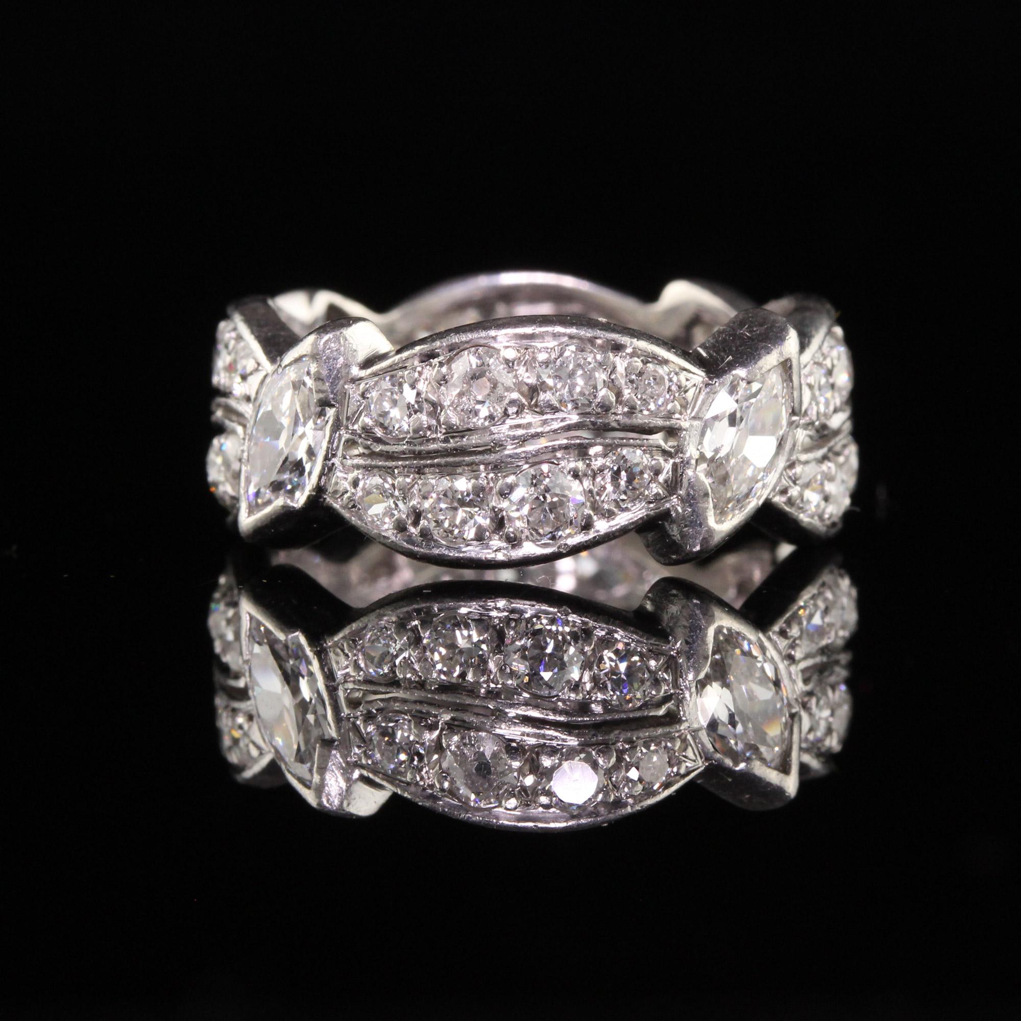 Antique Art Deco Platinum Old European Marquise Diamond Eternity Ring For Sale 1