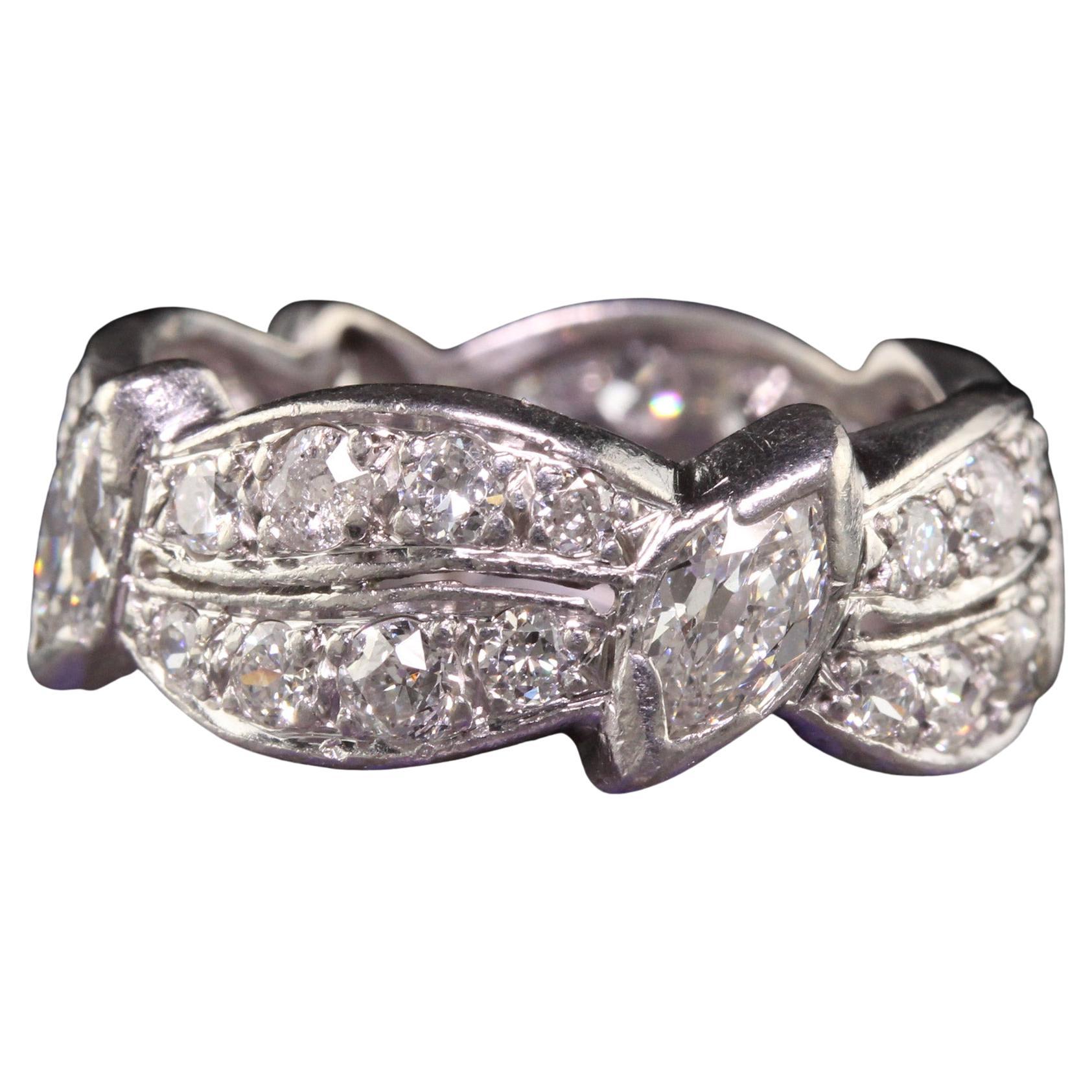 Antique Art Deco Platinum Old European Marquise Diamond Eternity Ring For Sale