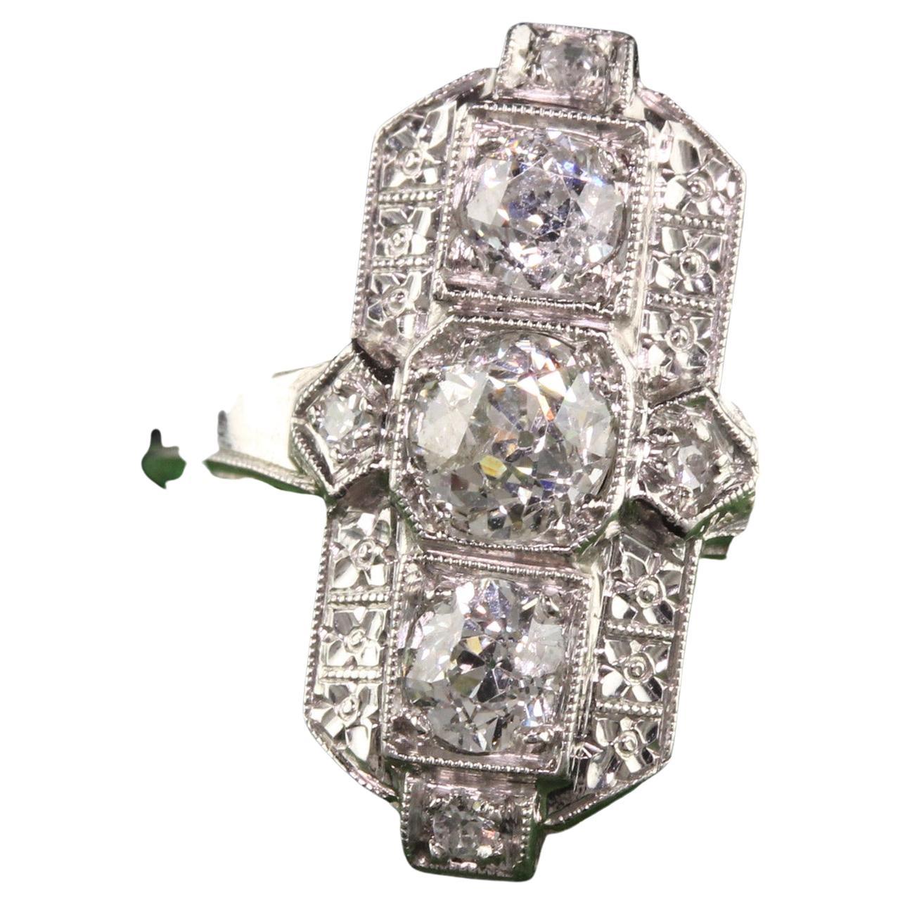Antique Art Deco Platinum Old European Three Stone Shield Ring