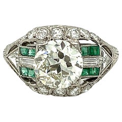 Antique Art Deco Platinum Old Europeans Cut Diamond Emerald Engagement Ring