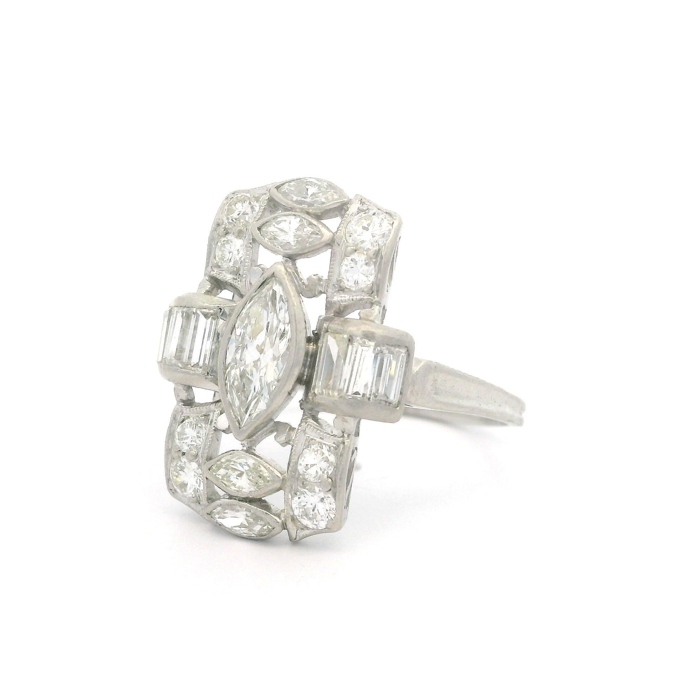 Antique Art Deco Platinum Old Marquise Baguette & Round Diamond Dinner Ring For Sale 5