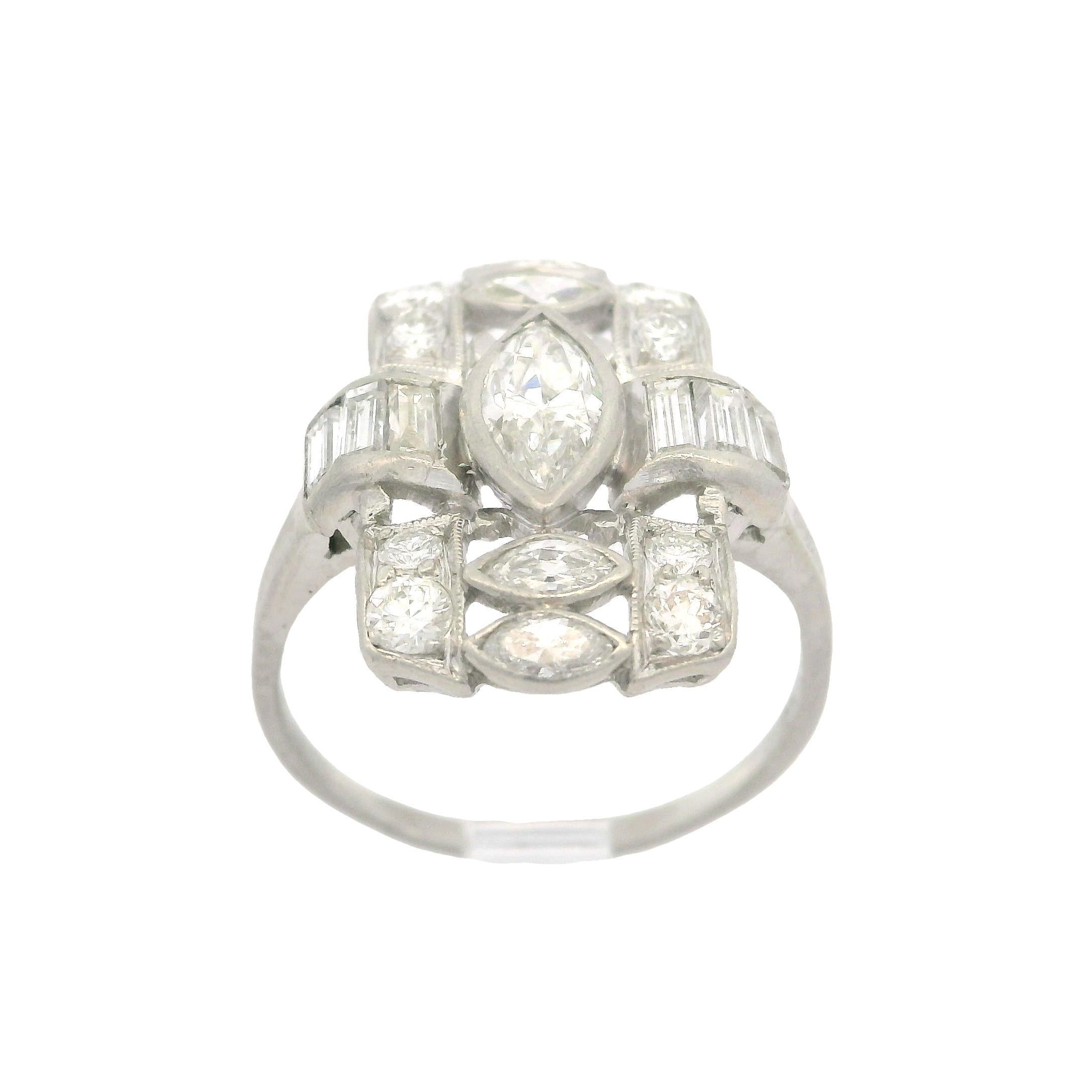 Antique Art Deco Platinum Old Marquise Baguette & Round Diamond Dinner Ring For Sale 6