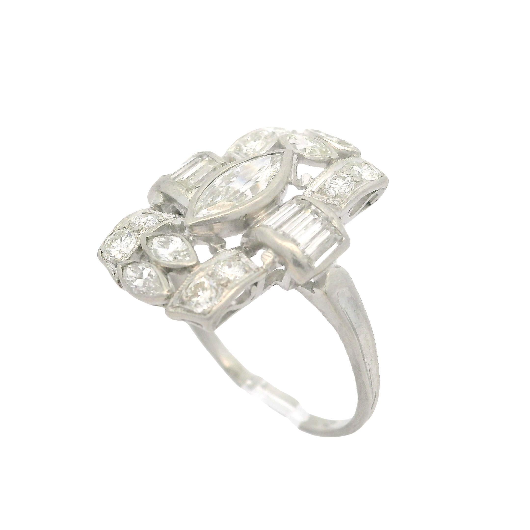 Antique Art Deco Platinum Old Marquise Baguette & Round Diamond Dinner Ring For Sale 7