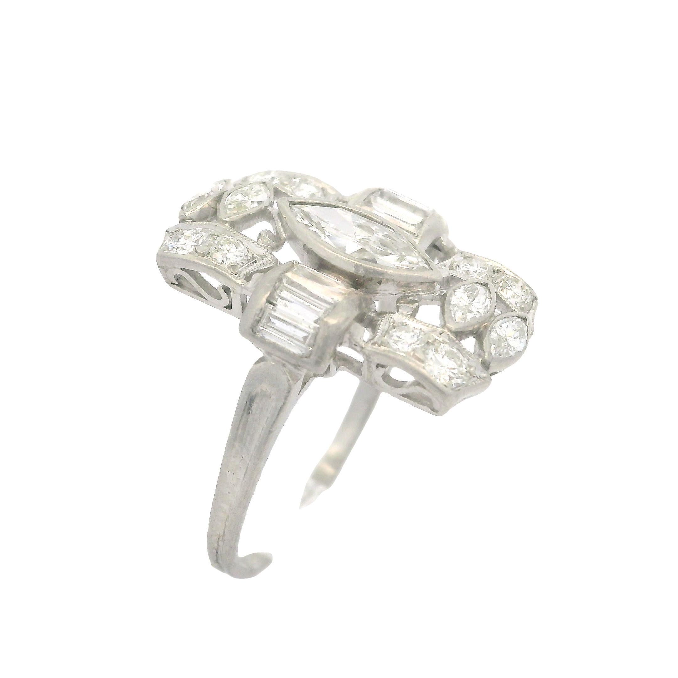Antique Art Deco Platinum Old Marquise Baguette & Round Diamond Dinner Ring For Sale 8