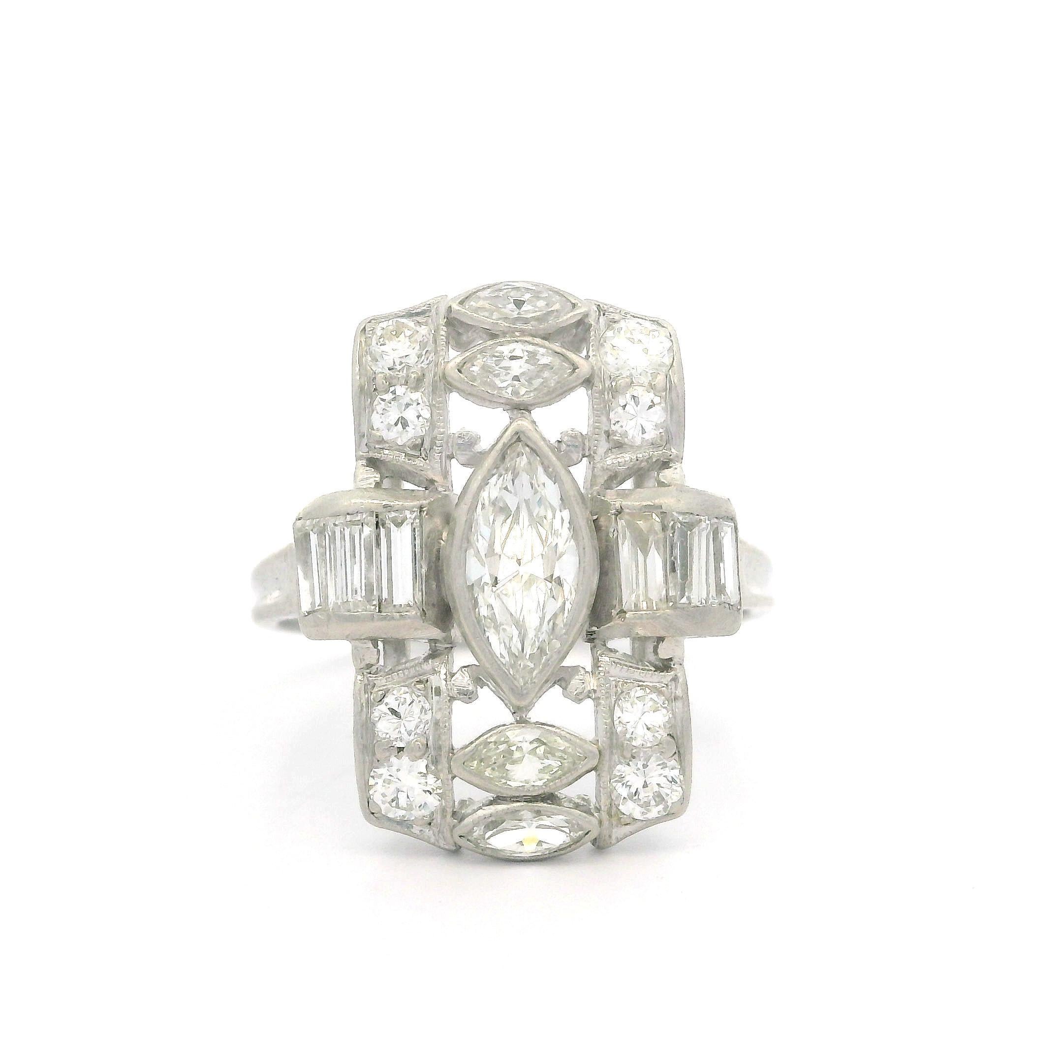 Antique Art Deco Platinum Old Marquise Baguette & Round Diamond Dinner Ring For Sale 9
