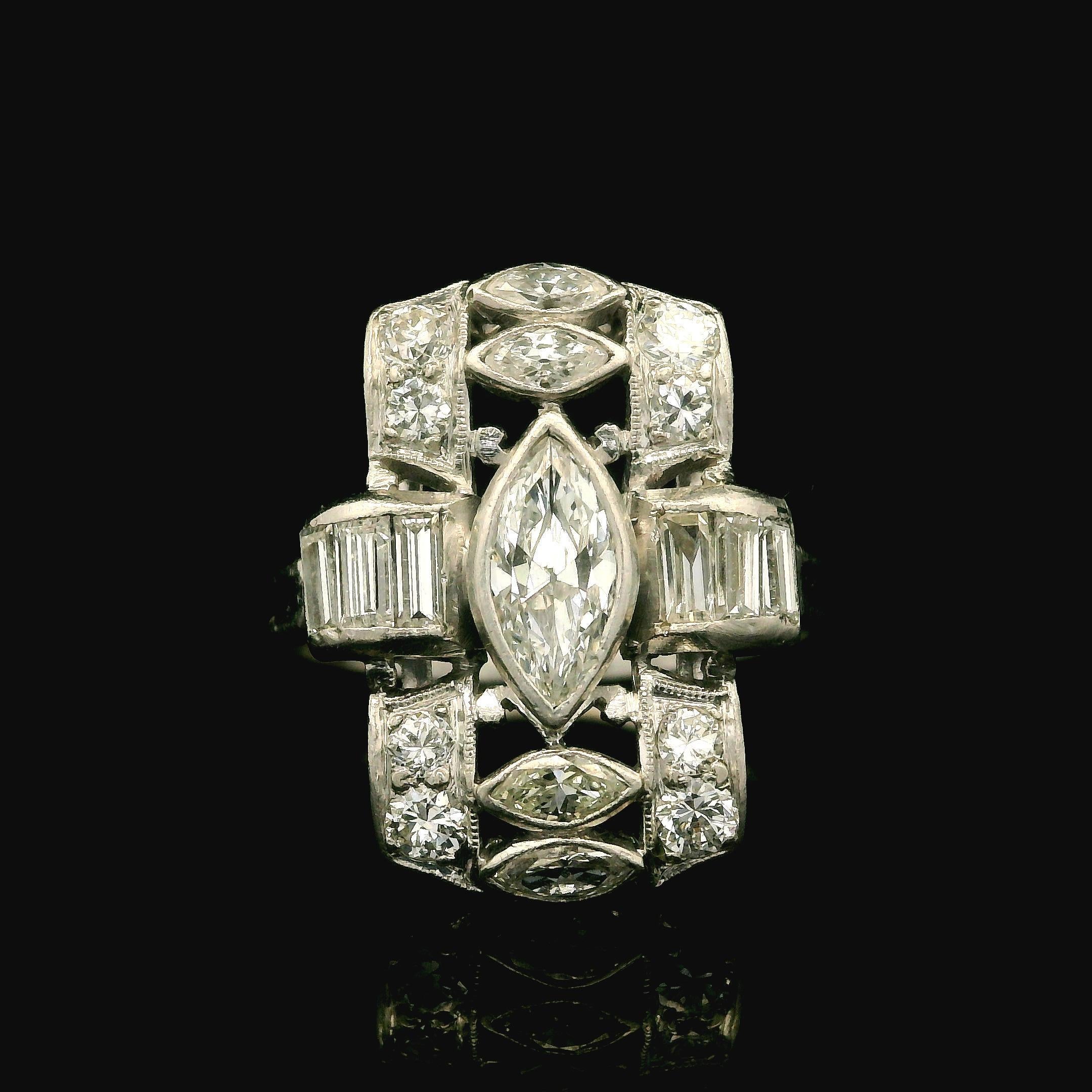 Marquise Cut Antique Art Deco Platinum Old Marquise Baguette & Round Diamond Dinner Ring For Sale