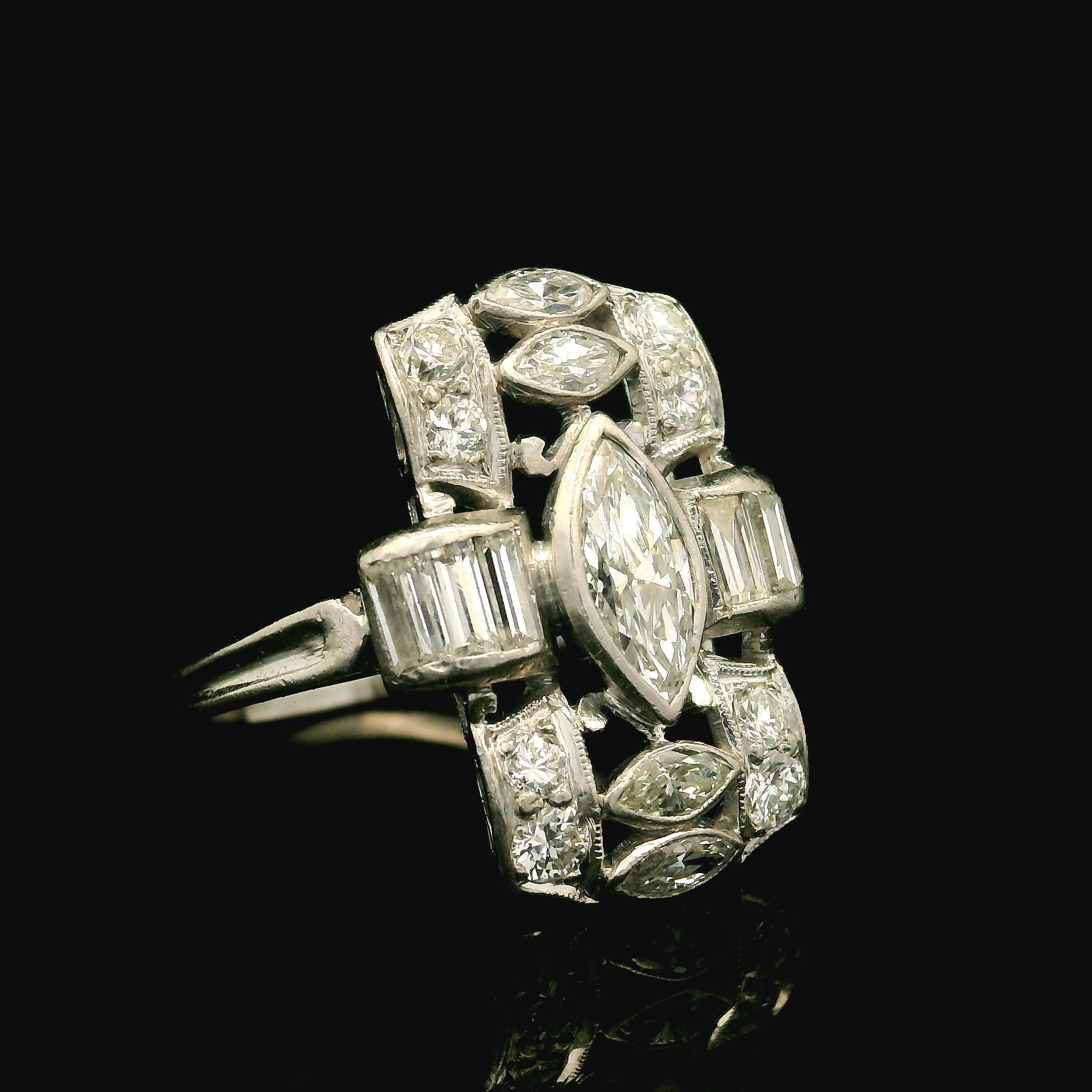 Antique Art Deco Platinum Old Marquise Baguette & Round Diamond Dinner Ring In Excellent Condition For Sale In Montclair, NJ