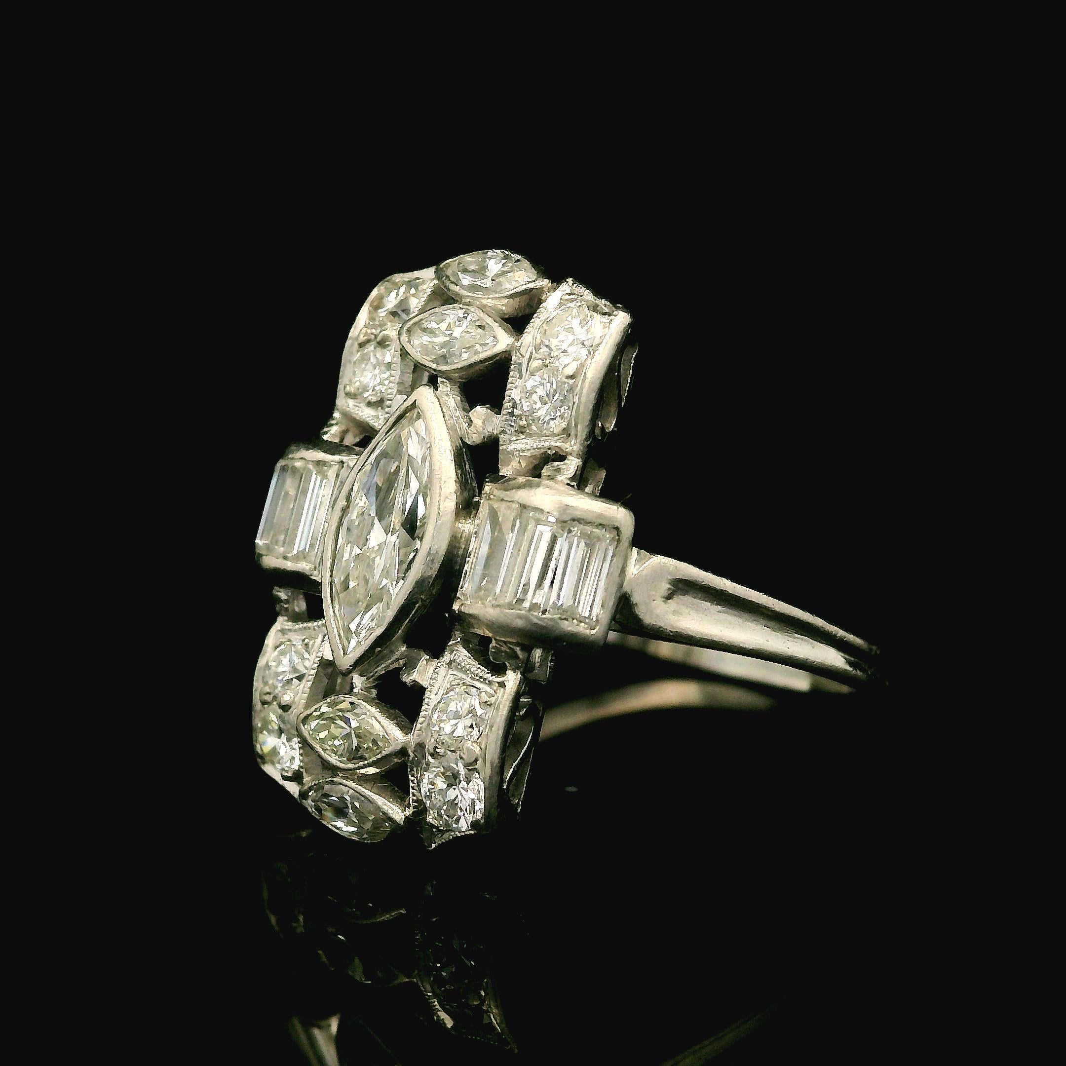 Women's Antique Art Deco Platinum Old Marquise Baguette & Round Diamond Dinner Ring For Sale