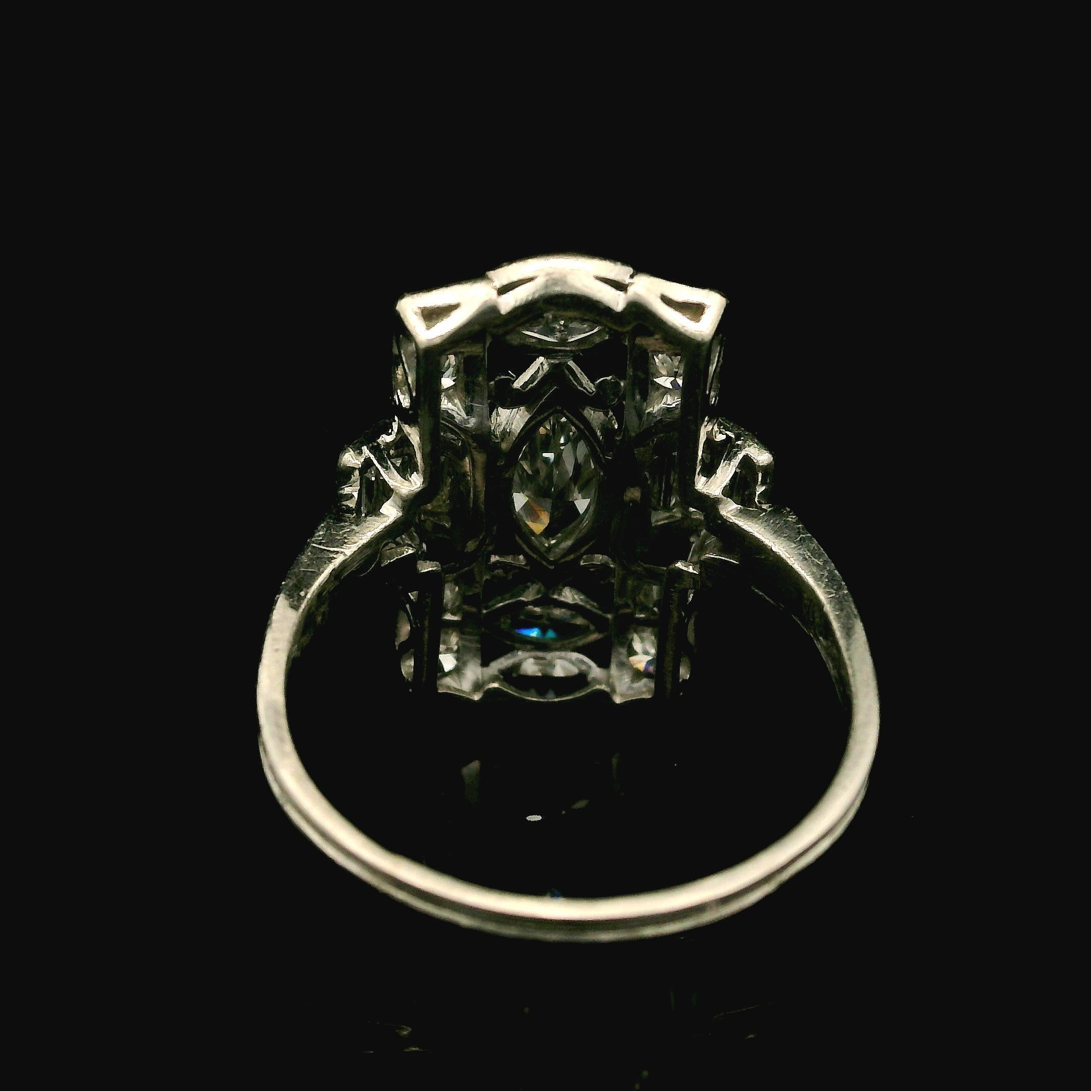 Antique Art Deco Platinum Old Marquise Baguette & Round Diamond Dinner Ring For Sale 1