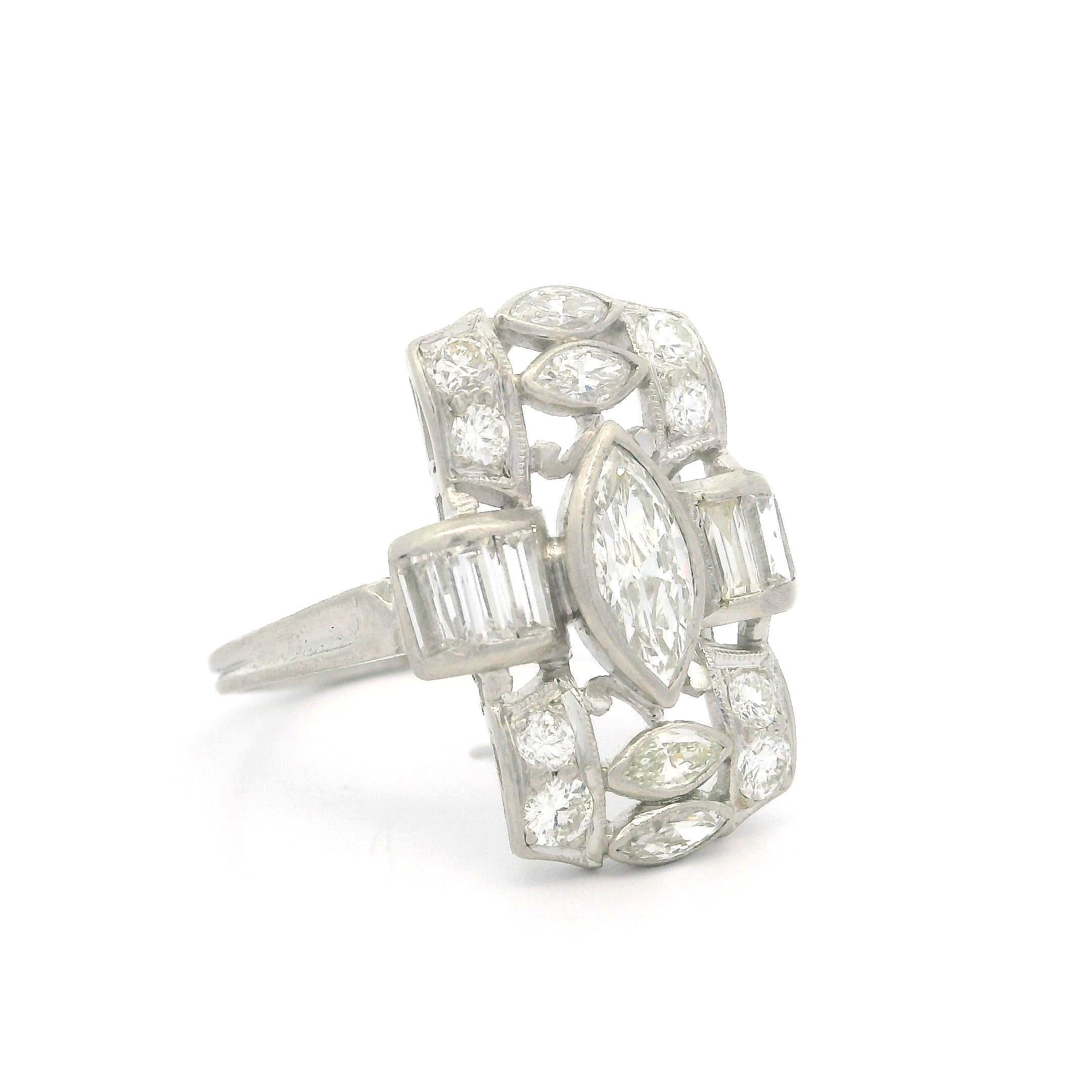 Antique Art Deco Platinum Old Marquise Baguette & Round Diamond Dinner Ring For Sale 4