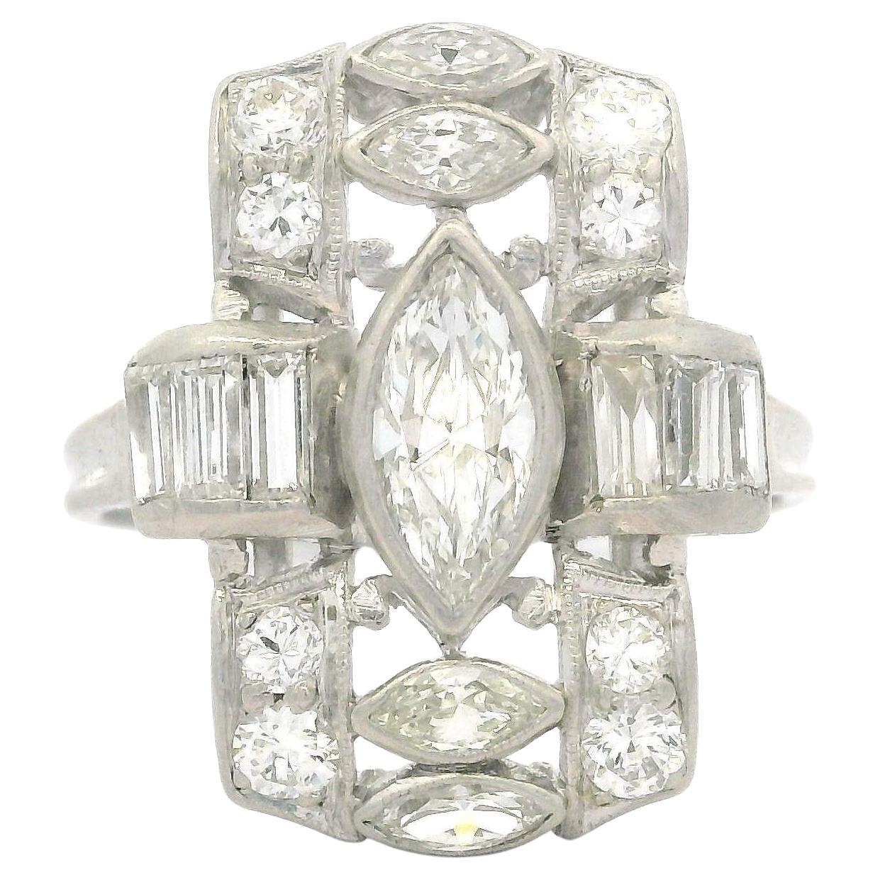 Antique Art Deco Platinum Old Marquise Baguette & Round Diamond Dinner Ring For Sale