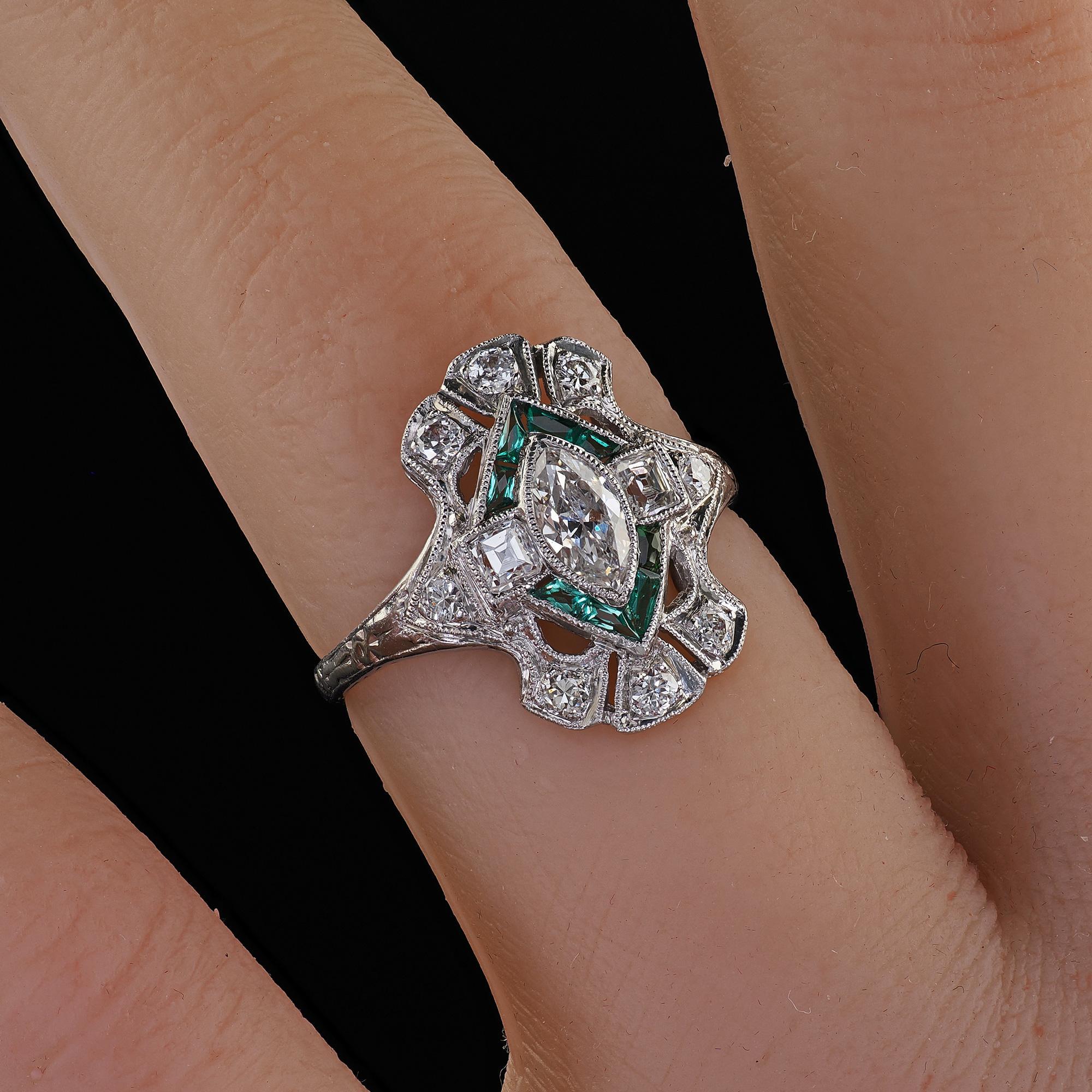 Antique Art Deco Platinum Old Marquise Carre Cut Diamond Emerald Shield Ring For Sale 5