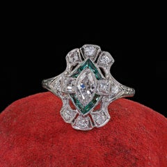 Antique Art Deco Platinum Old Marquise Carre Cut Diamond Emerald Shield Ring