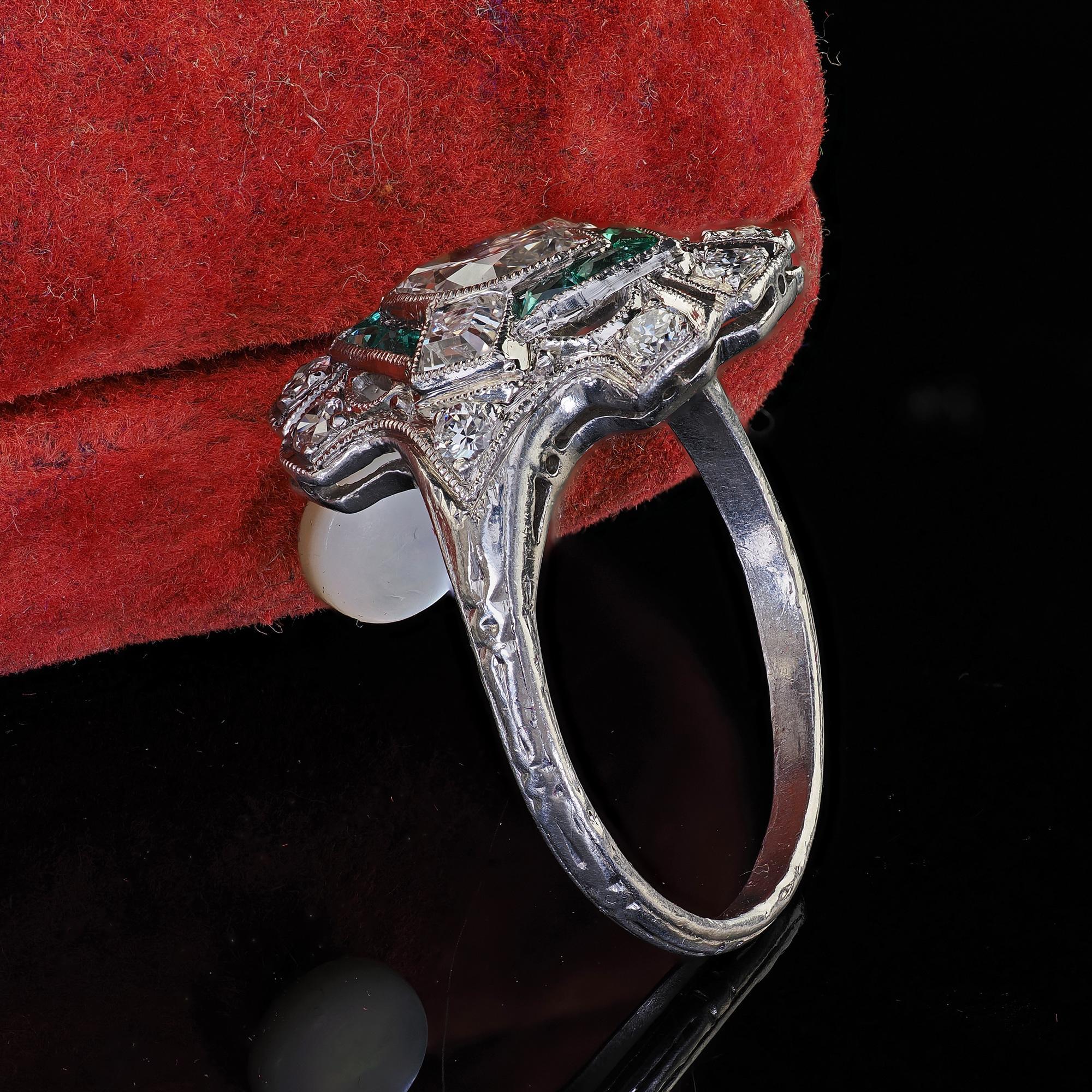 Marquise Cut Antique Art Deco Platinum Old Marquise Carre Cut Diamond Emerald Shield Ring For Sale
