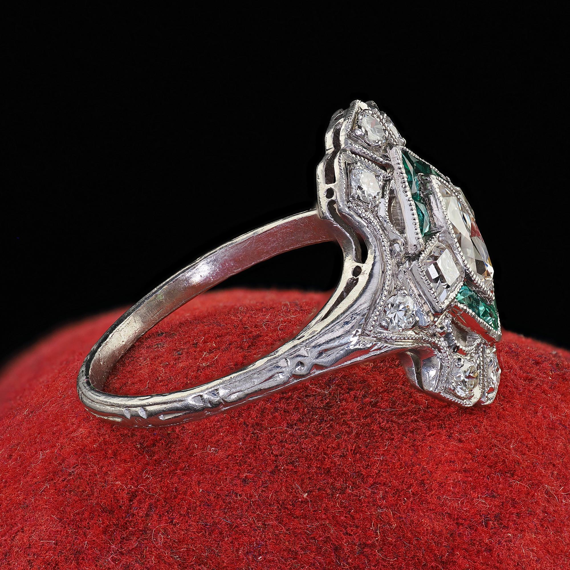 Antique Art Deco Platinum Old Marquise Carre Cut Diamond Emerald Shield Ring In Good Condition For Sale In Great Neck, NY