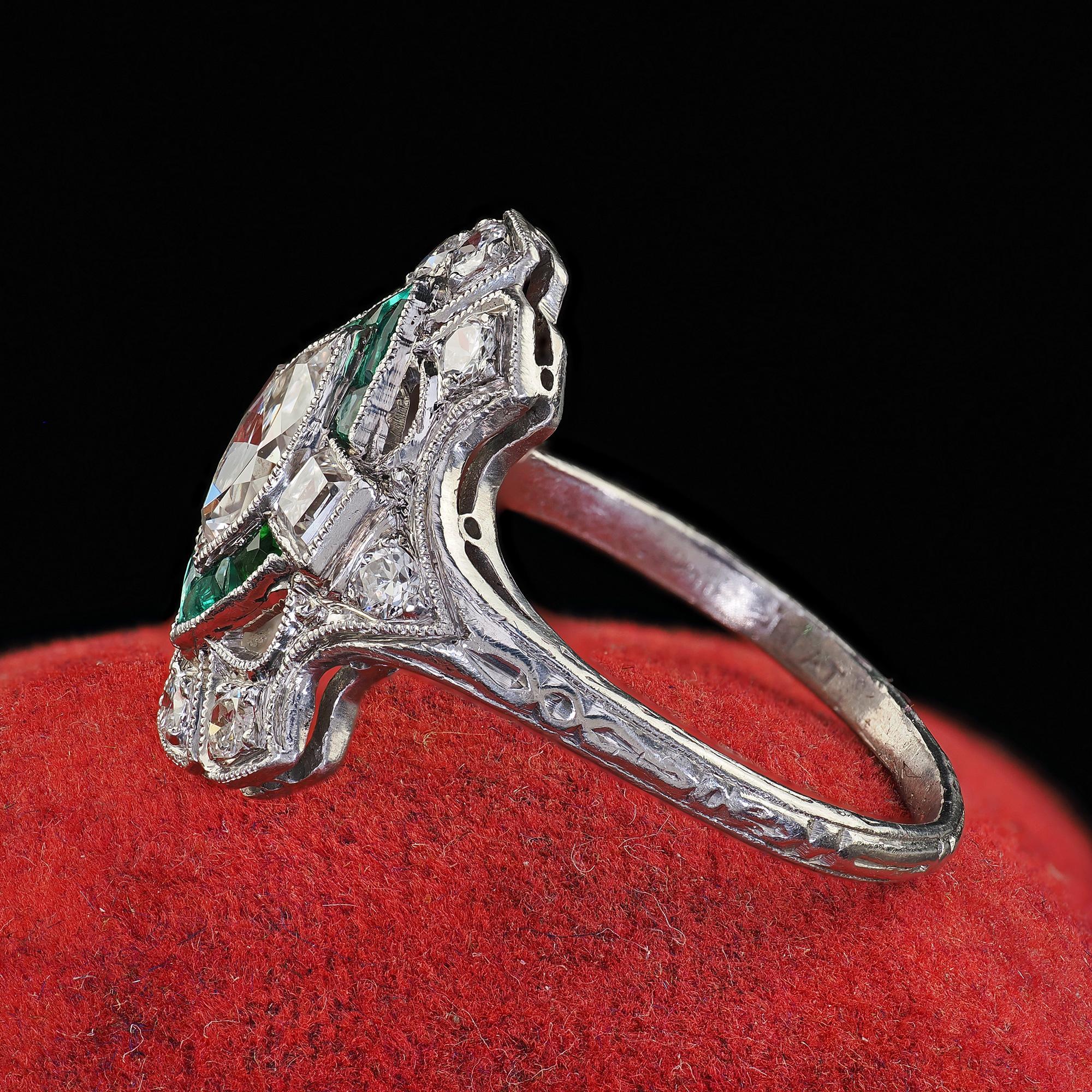 Women's Antique Art Deco Platinum Old Marquise Carre Cut Diamond Emerald Shield Ring For Sale