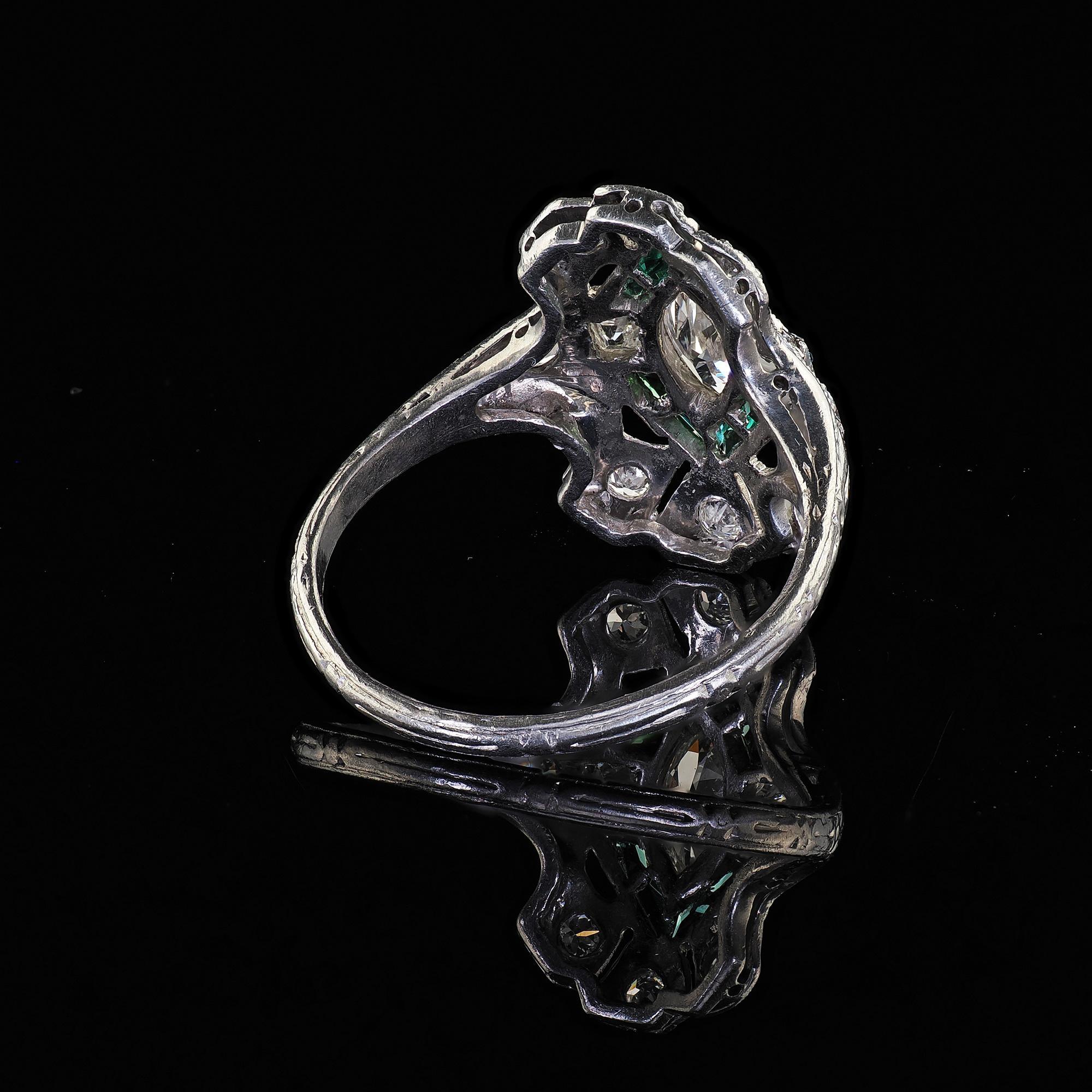 Antique Art Deco Platinum Old Marquise Carre Cut Diamond Emerald Shield Ring For Sale 3
