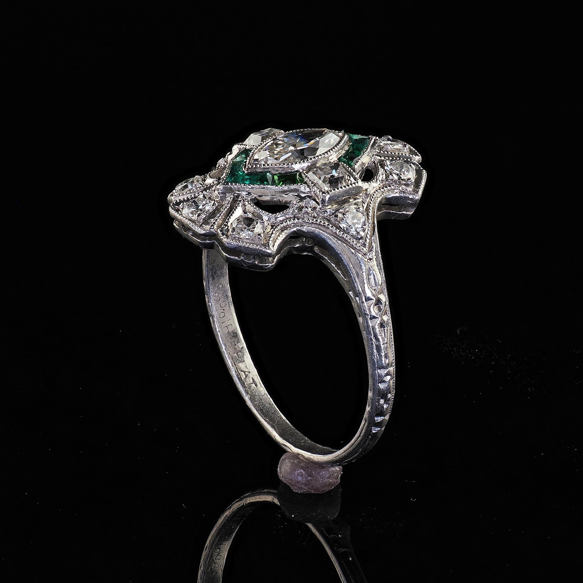 Antique Art Deco Platinum Old Marquise Carre Cut Diamond Emerald Shield Ring For Sale 4