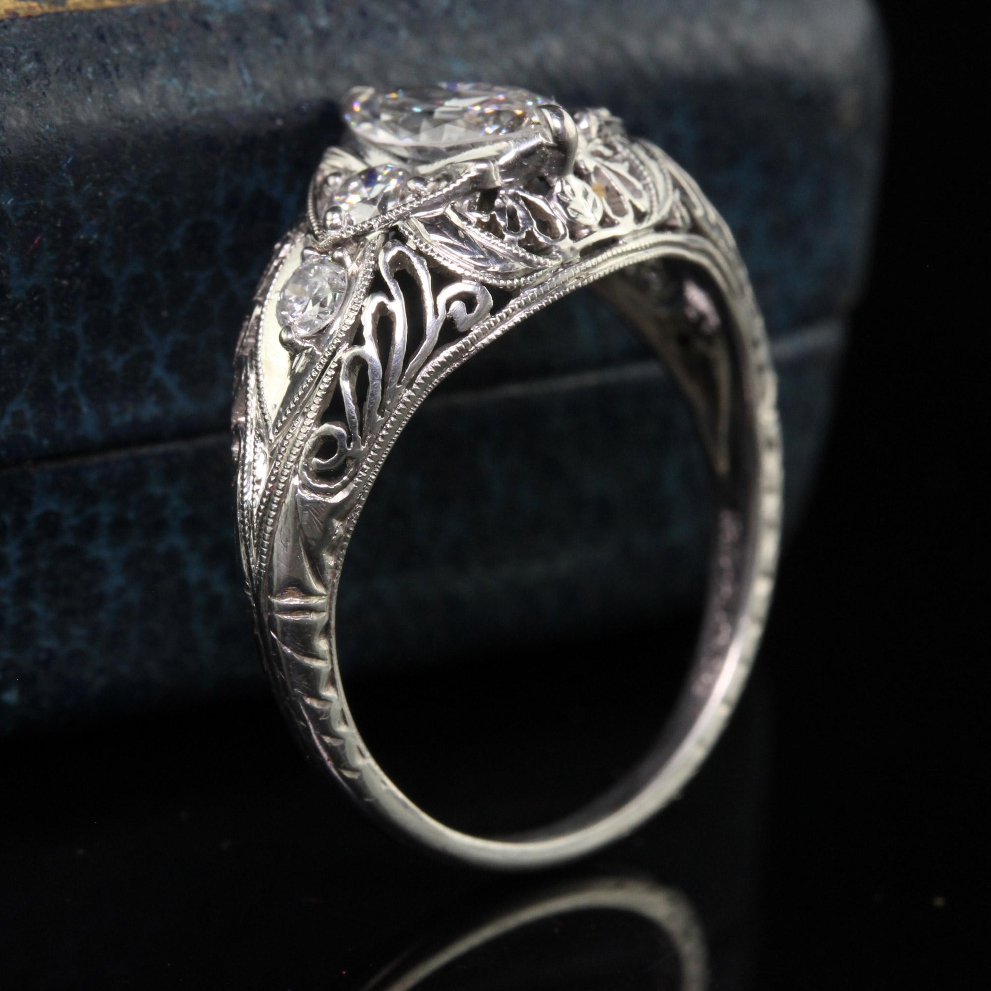 Antique Art Deco Platinum Old Marquise Cut Diamond Engagement Ring - GIA In Good Condition For Sale In Great Neck, NY