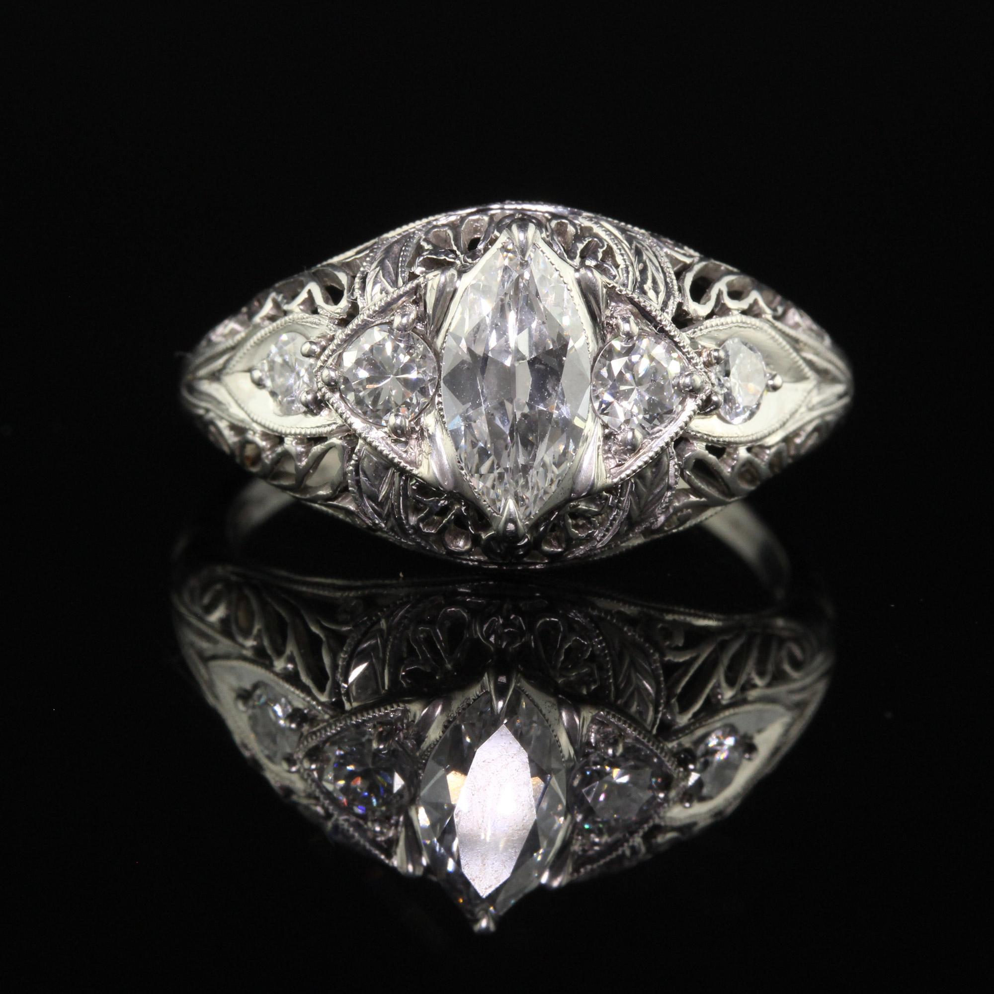 Women's Antique Art Deco Platinum Old Marquise Cut Diamond Engagement Ring - GIA For Sale