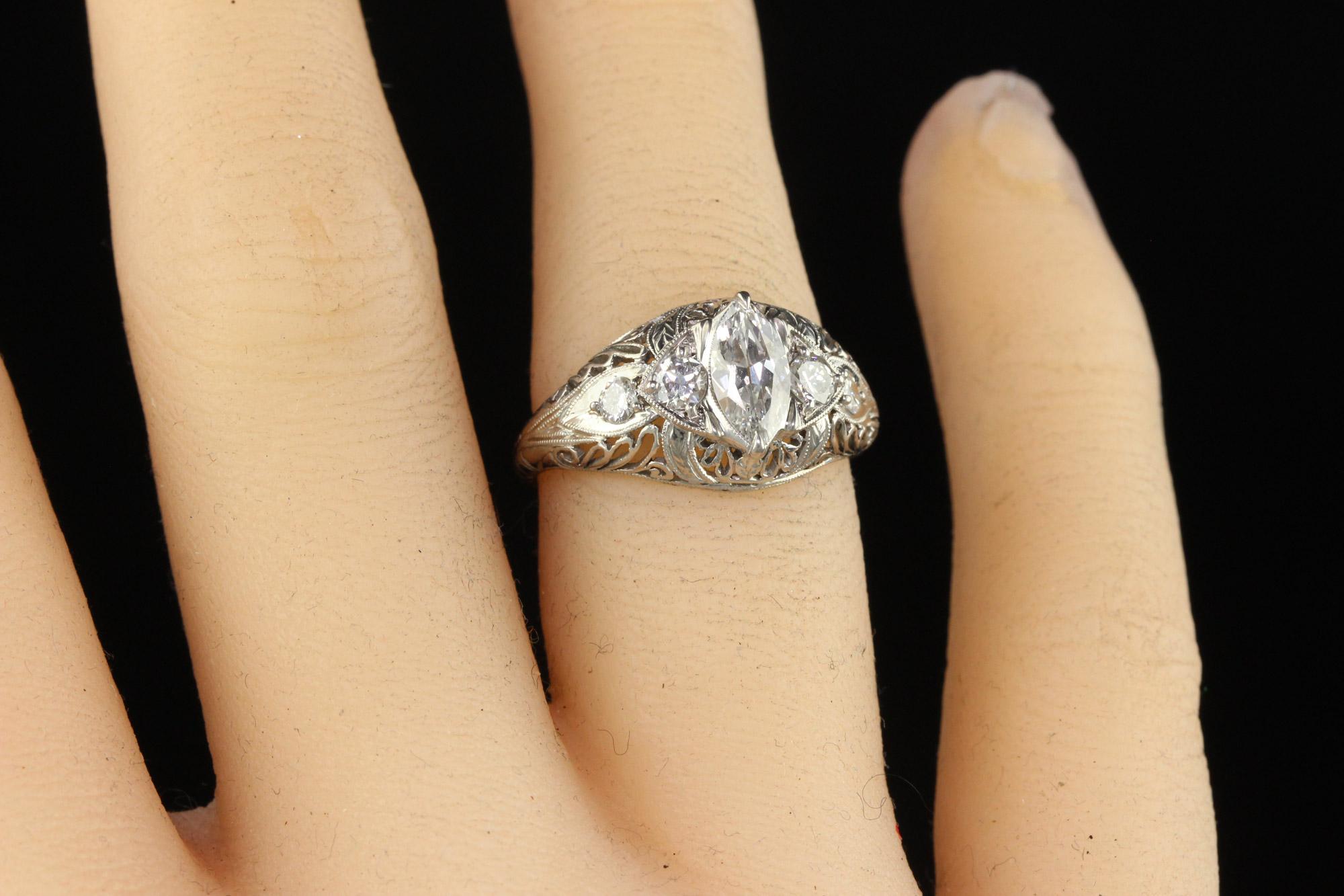 Antique Art Deco Platinum Old Marquise Cut Diamond Engagement Ring - GIA For Sale 3