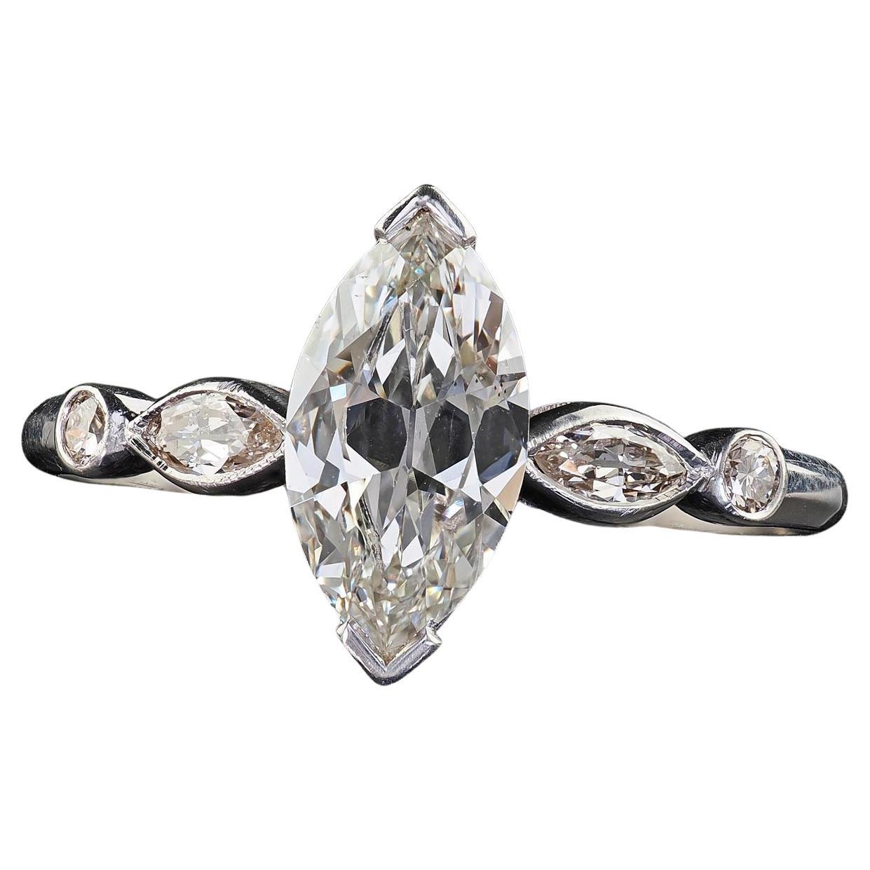 Antique Art Deco Platinum Old Marquise Cut Diamond Engagement Ring - GIA