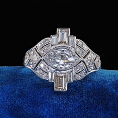 Antique Art Deco Platinum Old Marquise Diamond Baguette Engagement Ring
