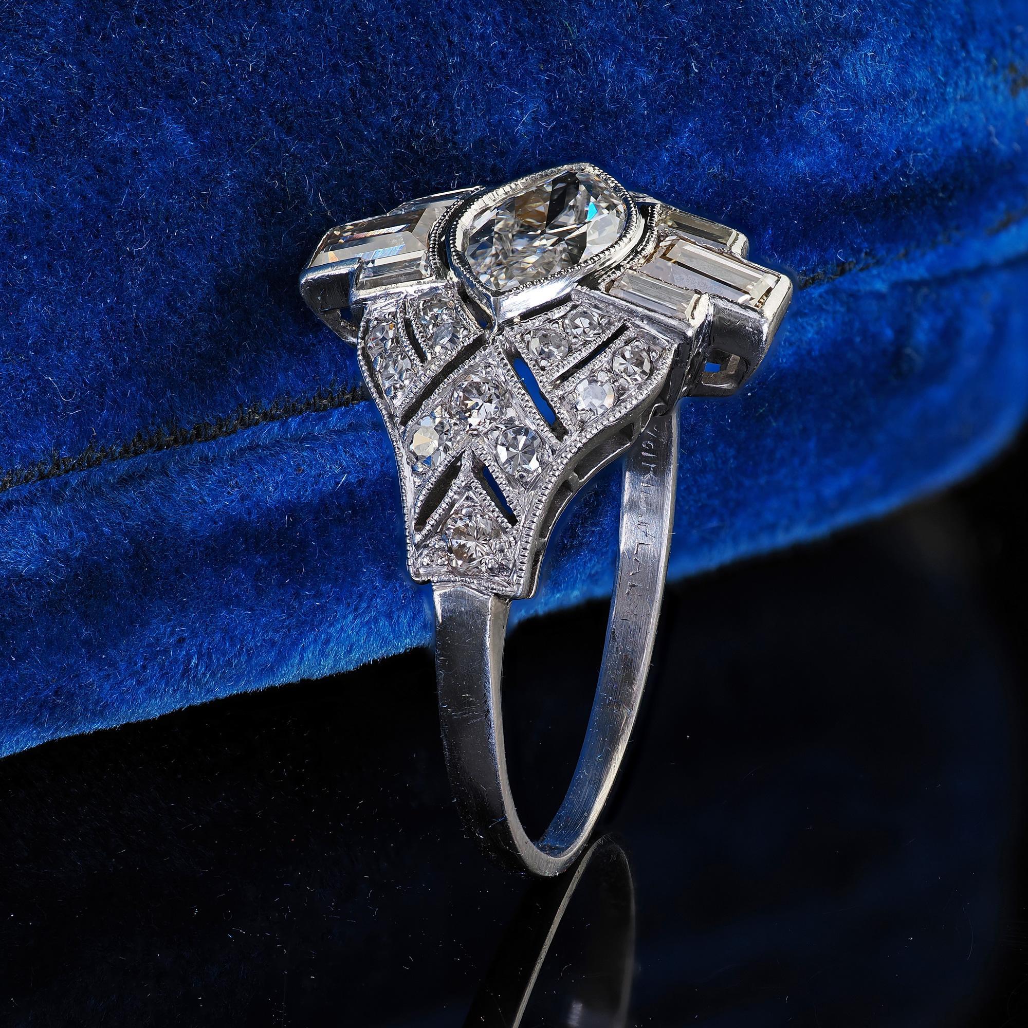 Marquise Cut Antique Art Deco Platinum Old Marquise Diamond Baguette Engagement Ring For Sale