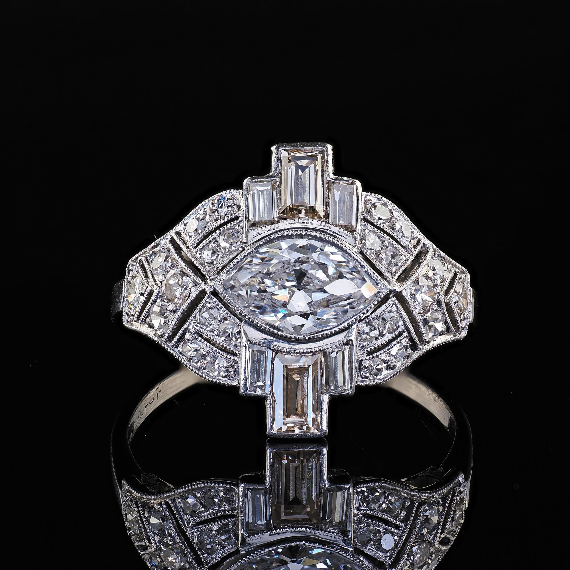 Antique Art Deco Platinum Old Marquise Diamond Baguette Engagement Ring For Sale 2