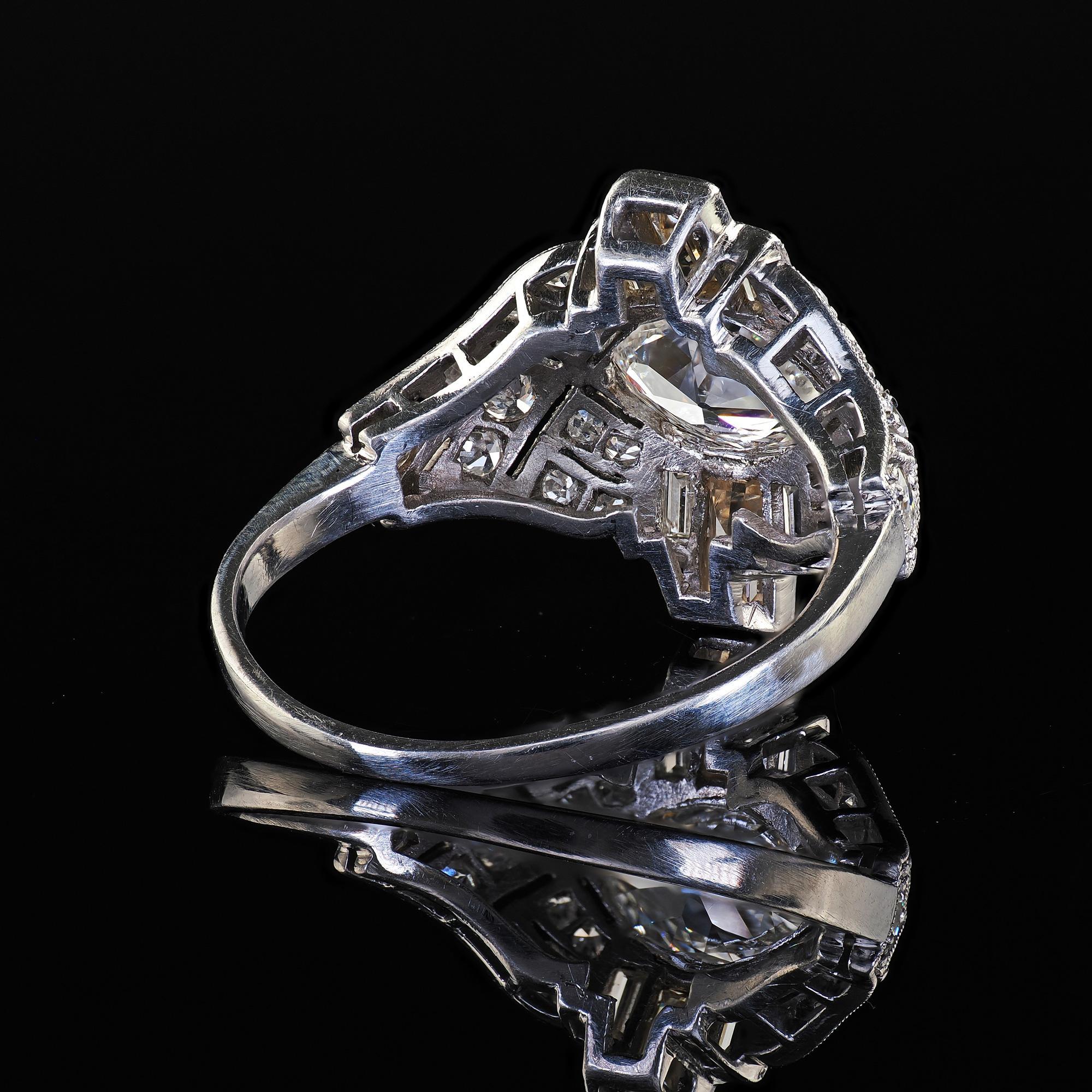 Antique Art Deco Platinum Old Marquise Diamond Baguette Engagement Ring For Sale 3