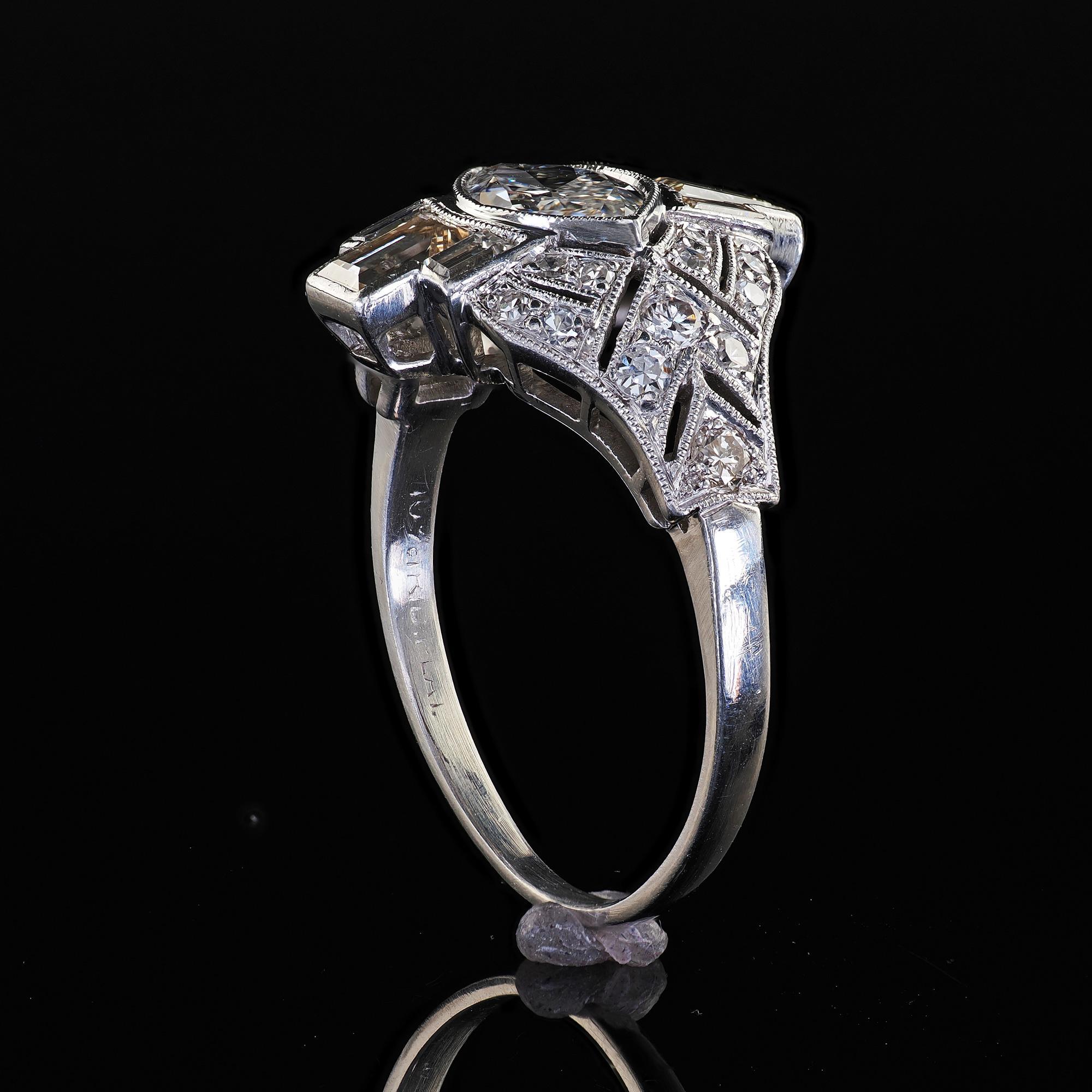 Antique Art Deco Platinum Old Marquise Diamond Baguette Engagement Ring For Sale 4