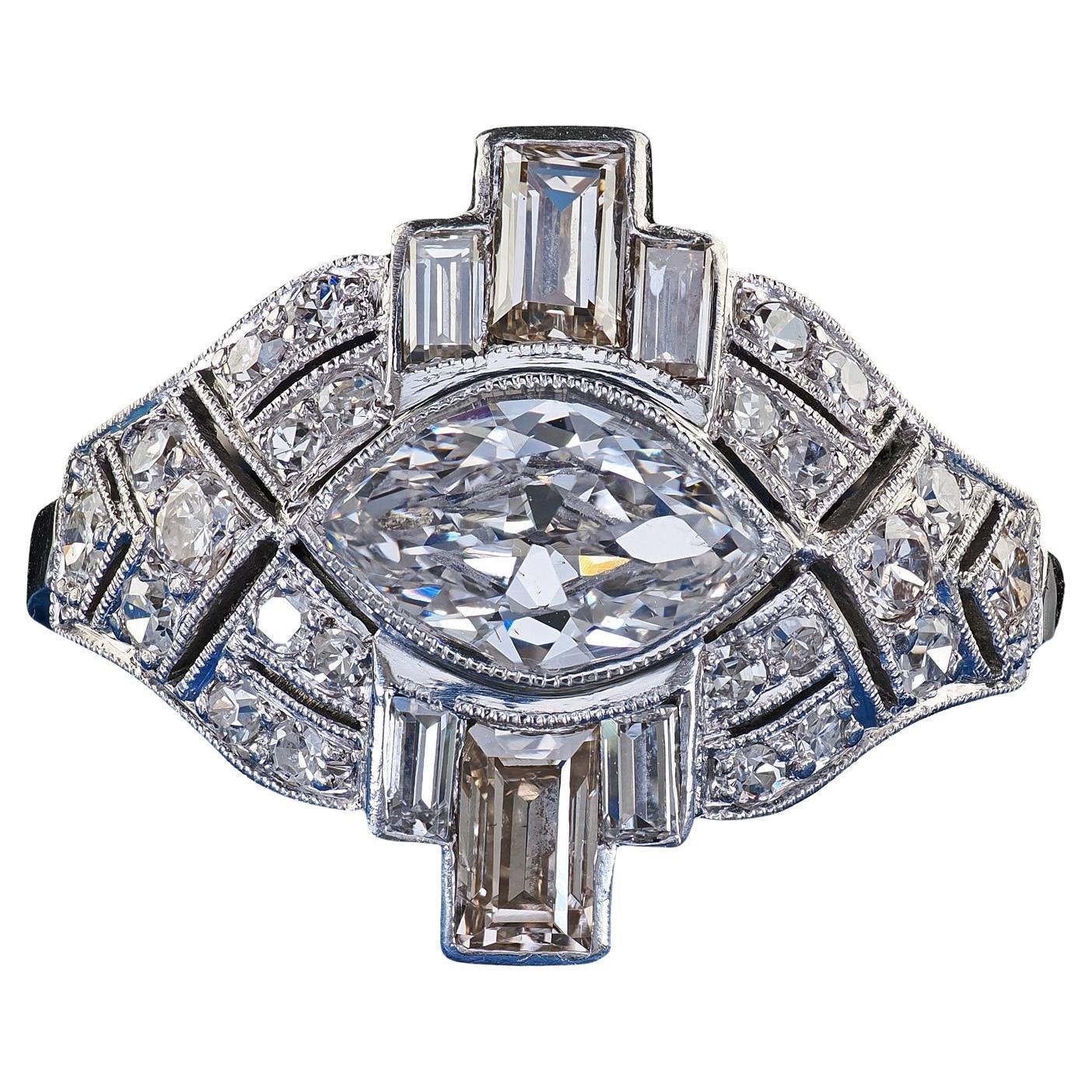 Antique Art Deco Platinum Old Marquise Diamond Baguette Engagement Ring